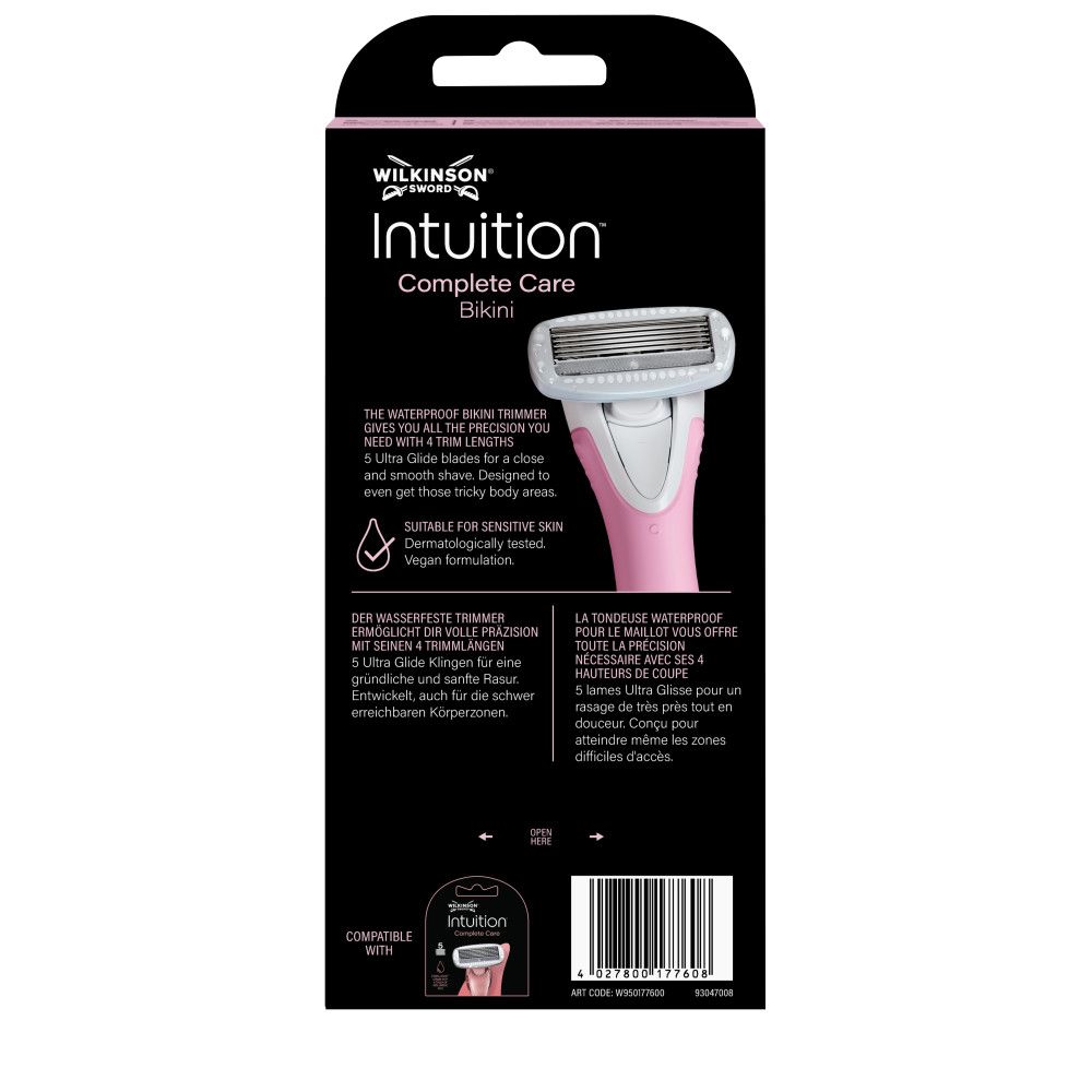 Wilkinson Sword Intuition Complete Care Bikini Rasierer und Verpackung in Rosa und Weiß.