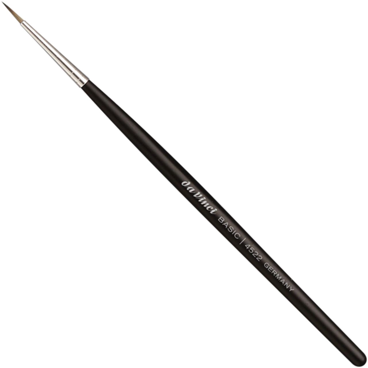 Eyeliner-Pinsel mit schwarzem Griff und silberner Spitze. Da Vinci Basic-Logo und Produktinformationen.