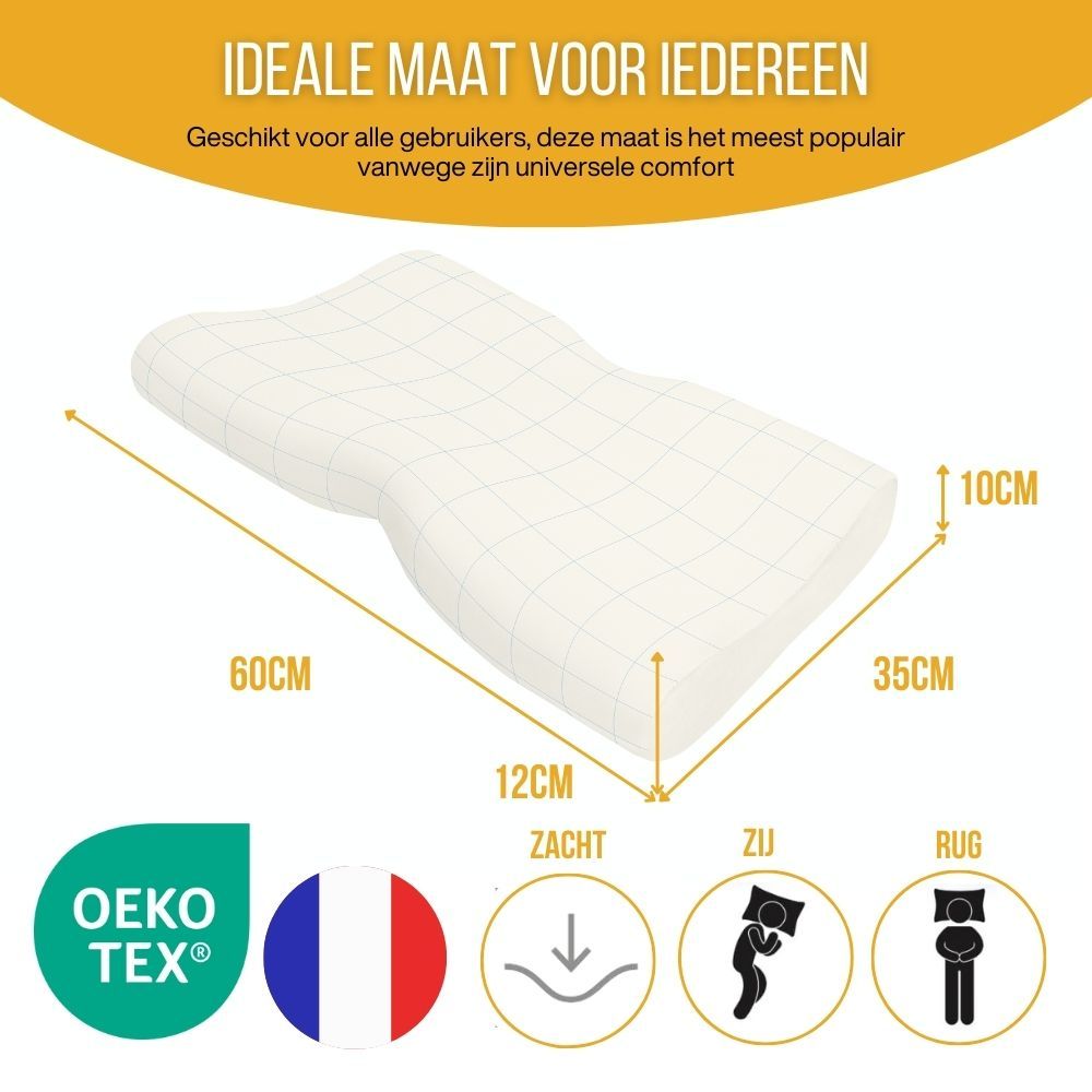 Reclamebeeld: vrouw slaapt op rug met kussen. Tekst.