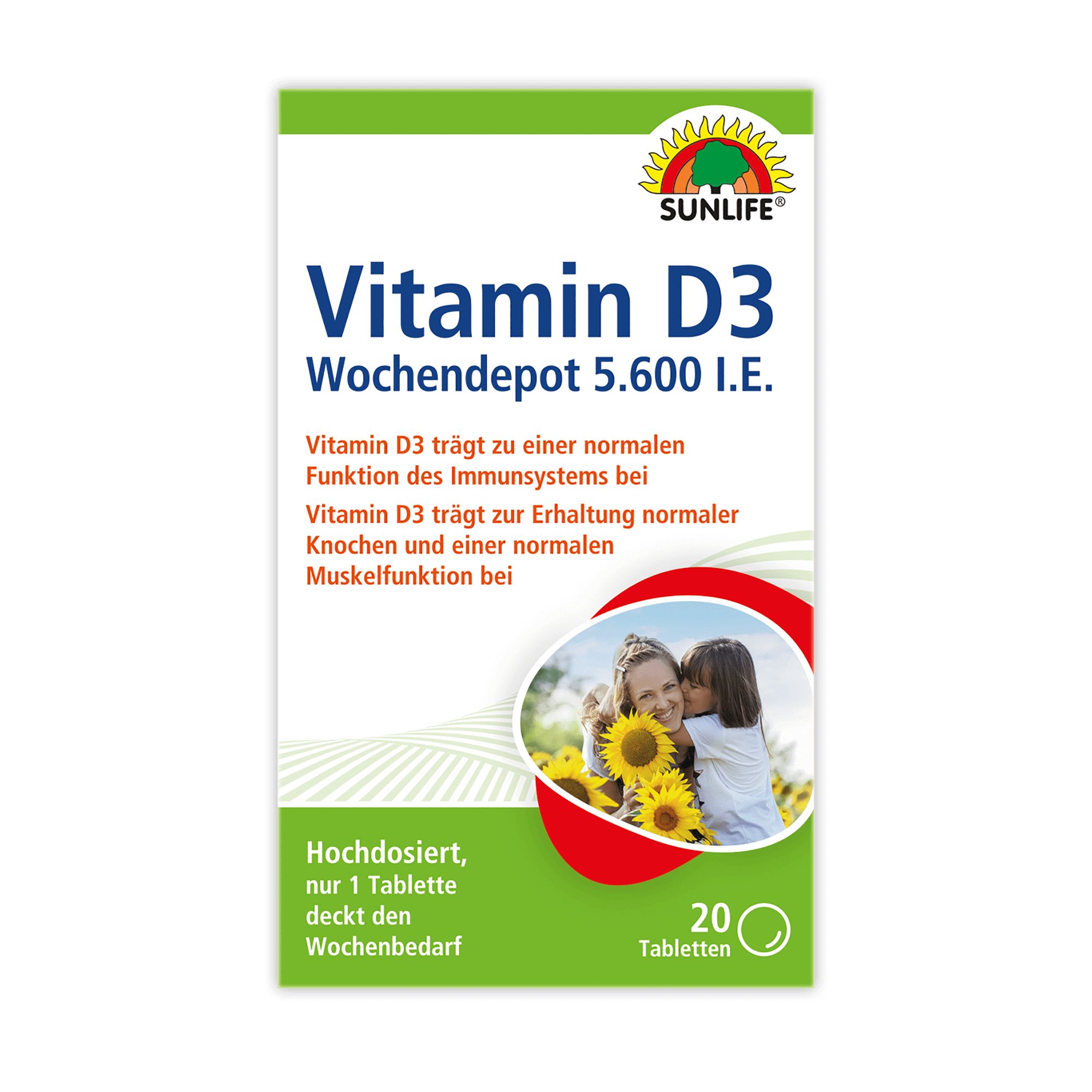 SUNLIFE Vitamin D3 Wochendepot Packung. Grün-weißes Design mit Produktnamen und Logo. Enthält 20 Tabletten. Bild einer Frau und Kind.