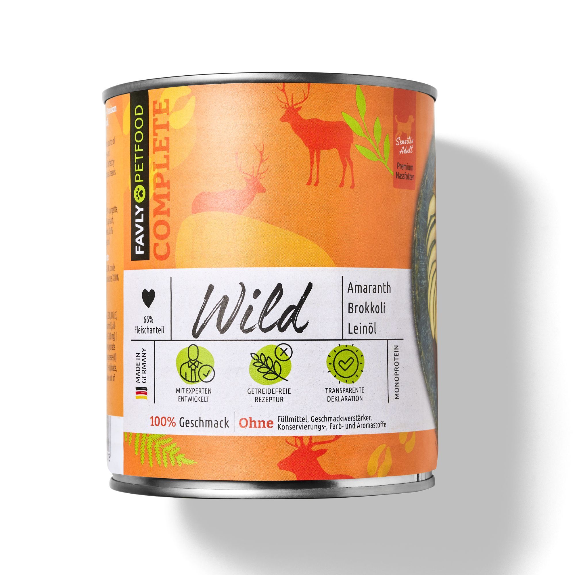 Dose "Wild" mit Amaranth, Brokkoli & Leinöl. Orangefarbenes Etikett mit Hirschmotiv. Text: "Favly Petfood Complete".