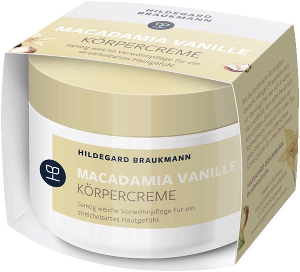 Creme-Tiegel in Verpackung. Aufschrift: Macadamia Vanille Körpercreme. Marke: Hildegard Braukmann. Beige und weiße Farben.