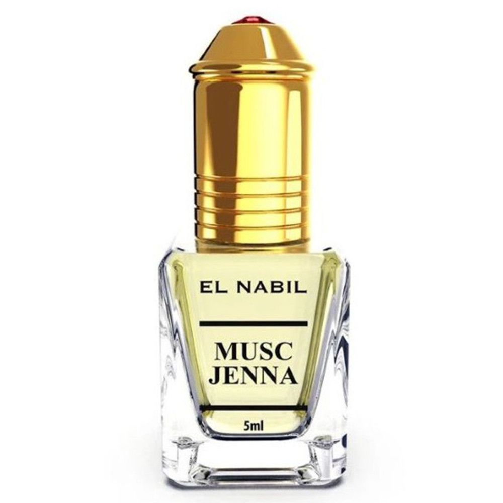 Parfümflakon mit goldener Kappe und rotem Akzent. Aufschrift: EL NABIL, MUSC JENNA, 5ml. Klarer, quadratischer Flakon.