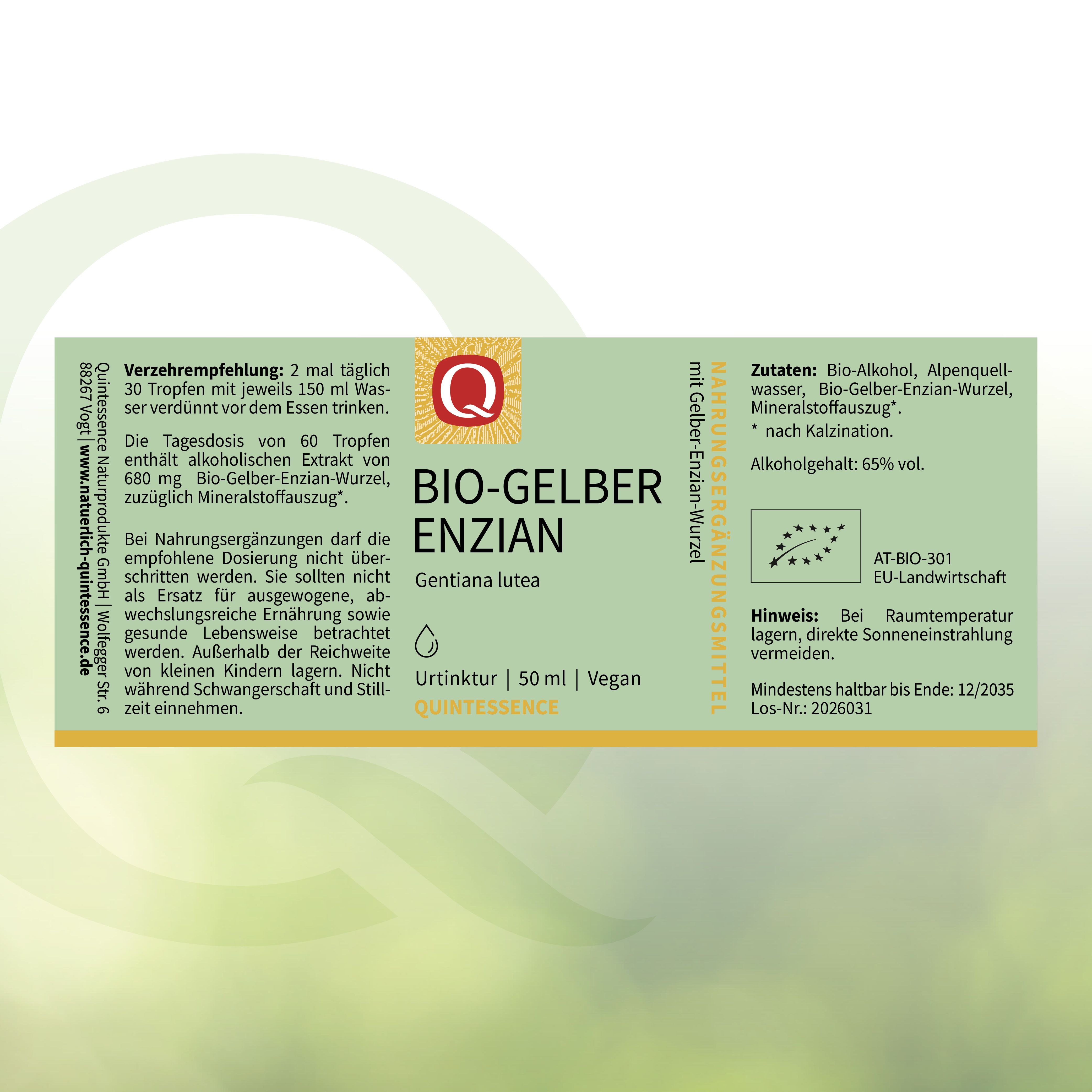 Rückseite einer Flasche Quintessence Bio-Gelber Enzian Tinktur mit Verzehrempfehlung und Zutatenliste.