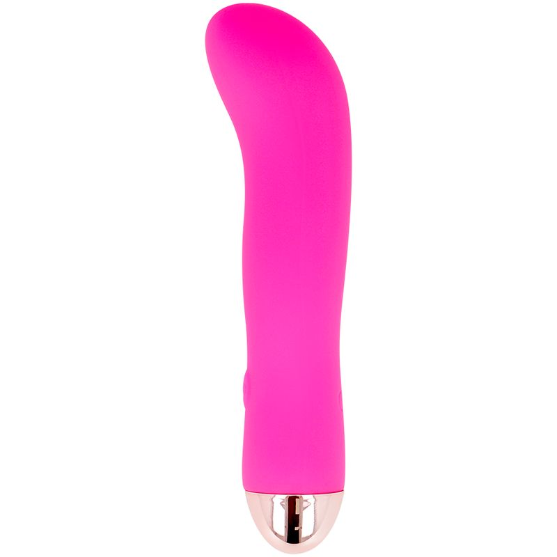 Pinkfarbener Silikon-Vibrator mit goldfarbenem Ende. Auf der Oberfläche befindet sich ein Power-Symbol.