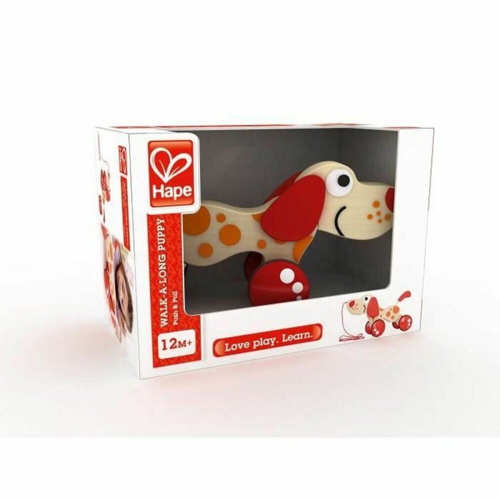 Hape Nachziehhund Pepe in Verpackung. Weißer Karton mit Produktbild, Logo, Text "WALK-A-LONG PUPPY" und Altersempfehlung.