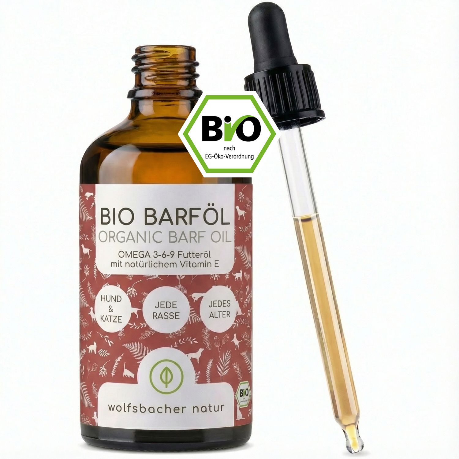 Braune Glasflasche mit Pipette. Aufschrift: BIO BARFÖL, Omega 3-6-9 Futteröl. Bio-Siegel. Für Hunde & Katzen, jede Rasse, jedes Alter.