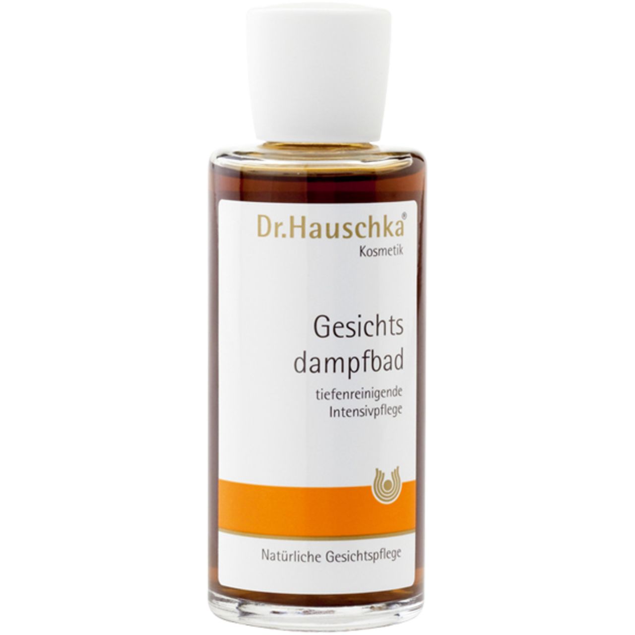 Braune Glasflasche mit weißem Deckel. Etikett mit Produktname und Marke Dr. Hauschka. Orangefarbener Streifen.