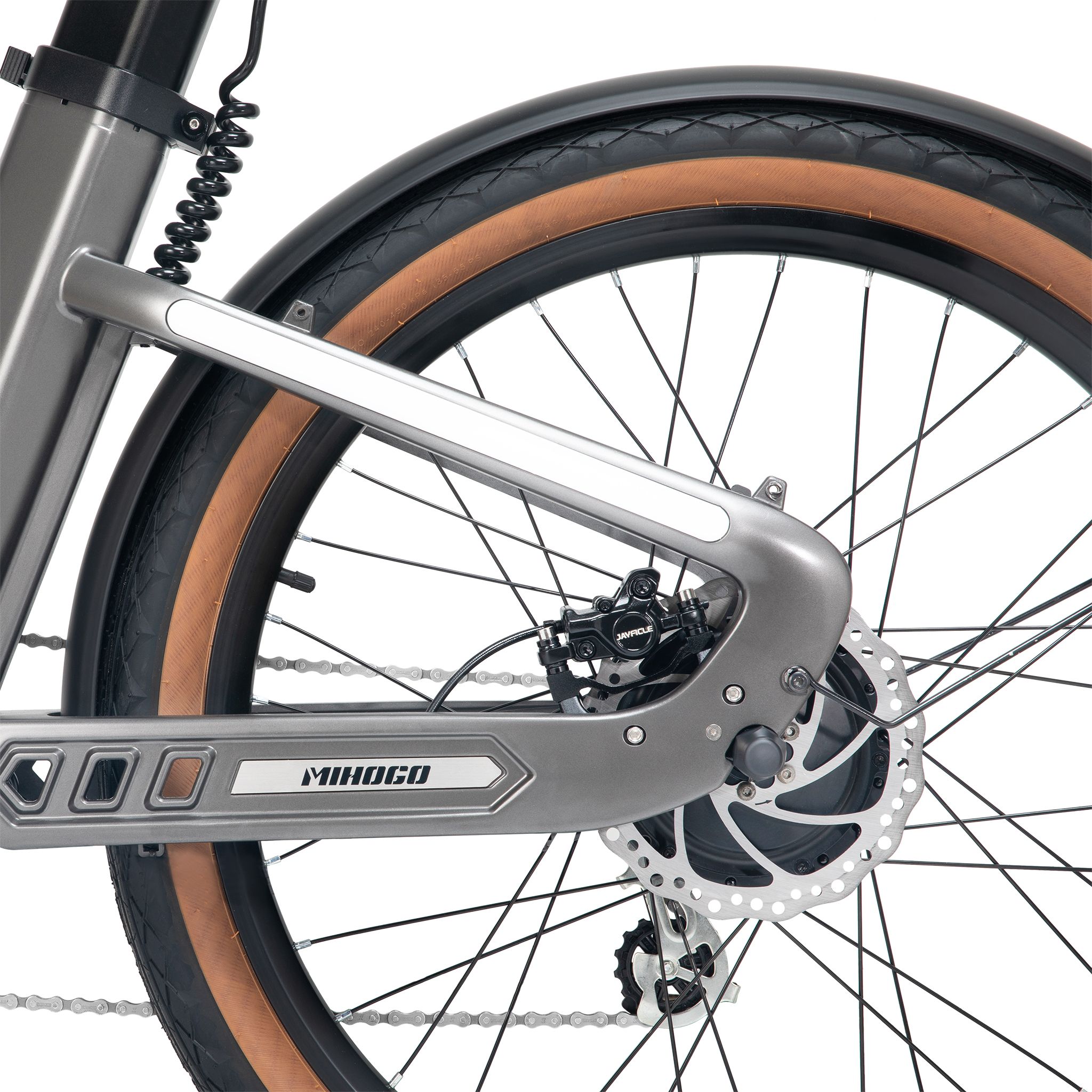 Hinterrad eines E-Bikes. Silberner Rahmen, schwarze Reifen, Scheibenbremse. MIHOGO-Logo.
