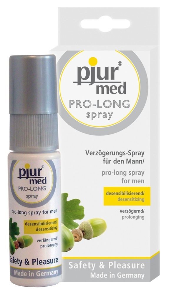 Pjur med Pro-Long Spray. Flasche mit silbernem Sprühkopf und Verpackung. Enthält Eichenrindenextrakt. Made in Germany. Gelbe Markierung.