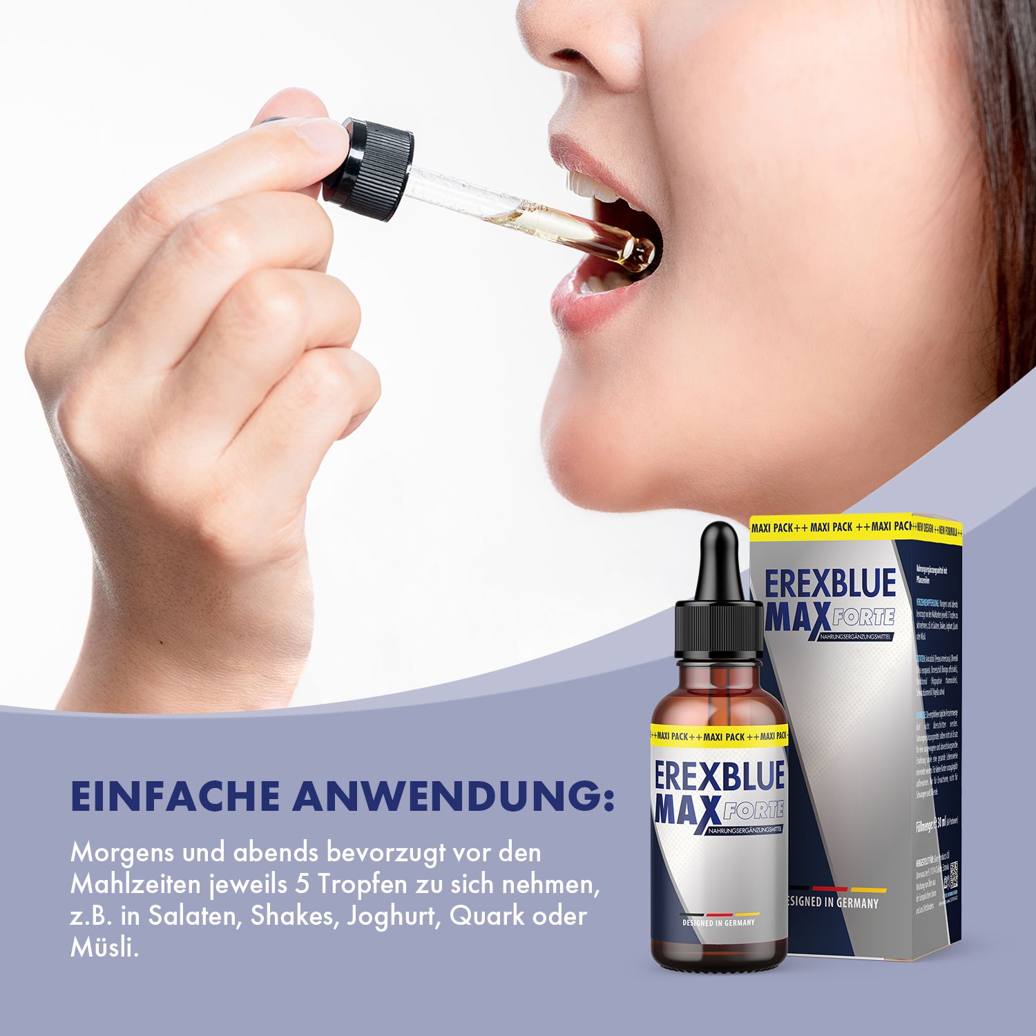 Person nimmt Tropfen aus einer Flasche mit schwarzem Tropfer in den Mund. Daneben Produktflasche und Verpackung. Text: EREXBLUE MAX FORTE.