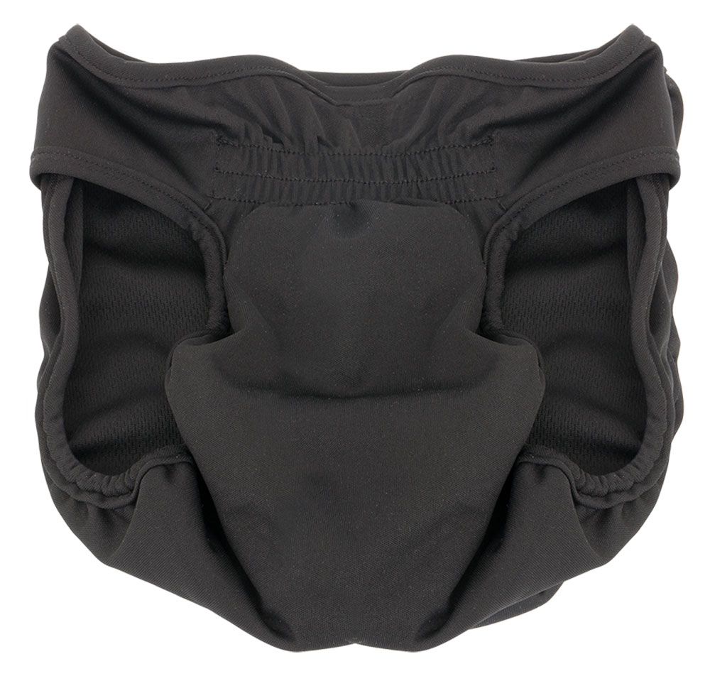 Schwarze Hündinnenwindel, Innenseite sichtbar. Elastischer Bund und Öffnung.
