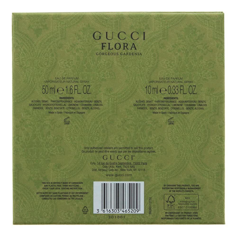 Rückseite der Geschenkbox mit Produktinformationen, Gucci-Logo und Barcode. Text in Englisch und Französisch.