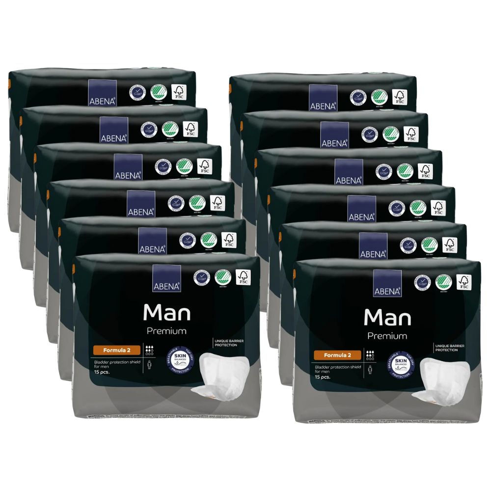 Mehrere Packungen Abena Man Premium, Formula 2. Schwarze Verpackung mit Produktinformationen und Logo. 15 Stück pro Packung.