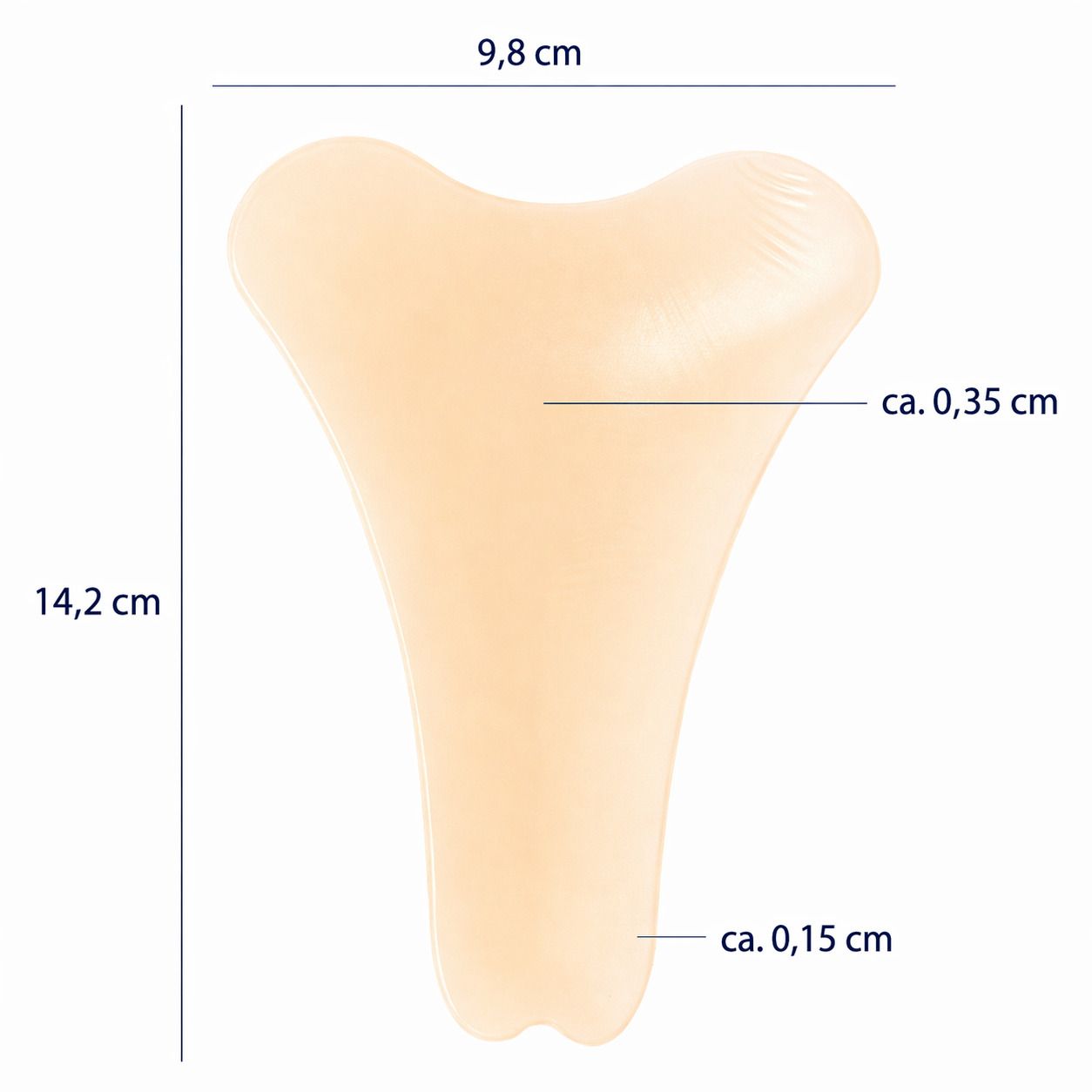 Beige, Y-förmige Silikon-Einlage mit Maßangaben: 14,2 cm hoch, 9,8 cm breit, ca. 0,35 cm und 0,15 cm dick.