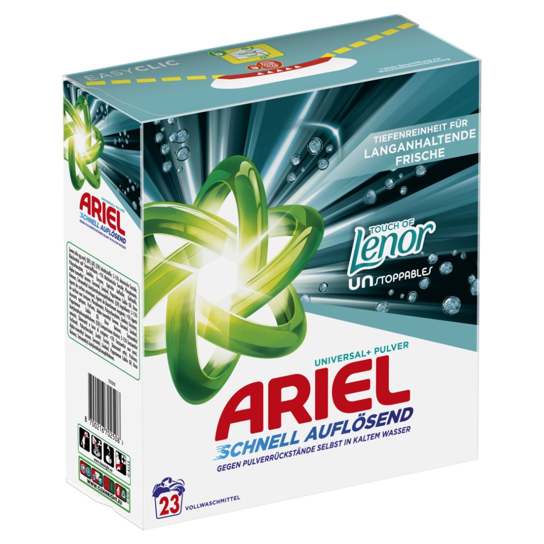 Ariel Waschpulver Touch of Lenor-Box. Grün-weißes Design mit Produktnamen und Logos. Enthält 23 Waschladungen.