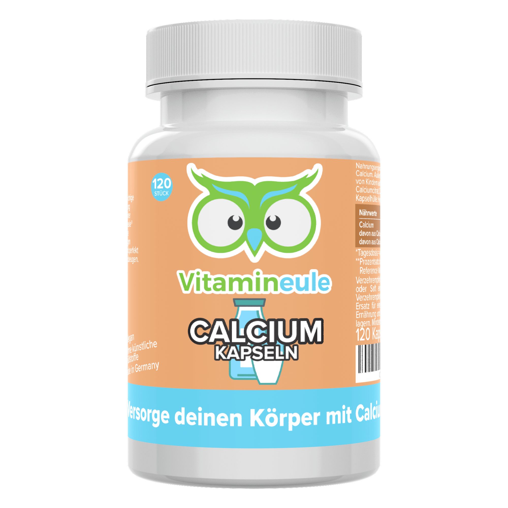 Produktflasche: Calcium Kapseln, 120 Stück, Vitamineule Logo. Orangefarbenes Etikett mit Produktinformationen. Weißer Deckel.