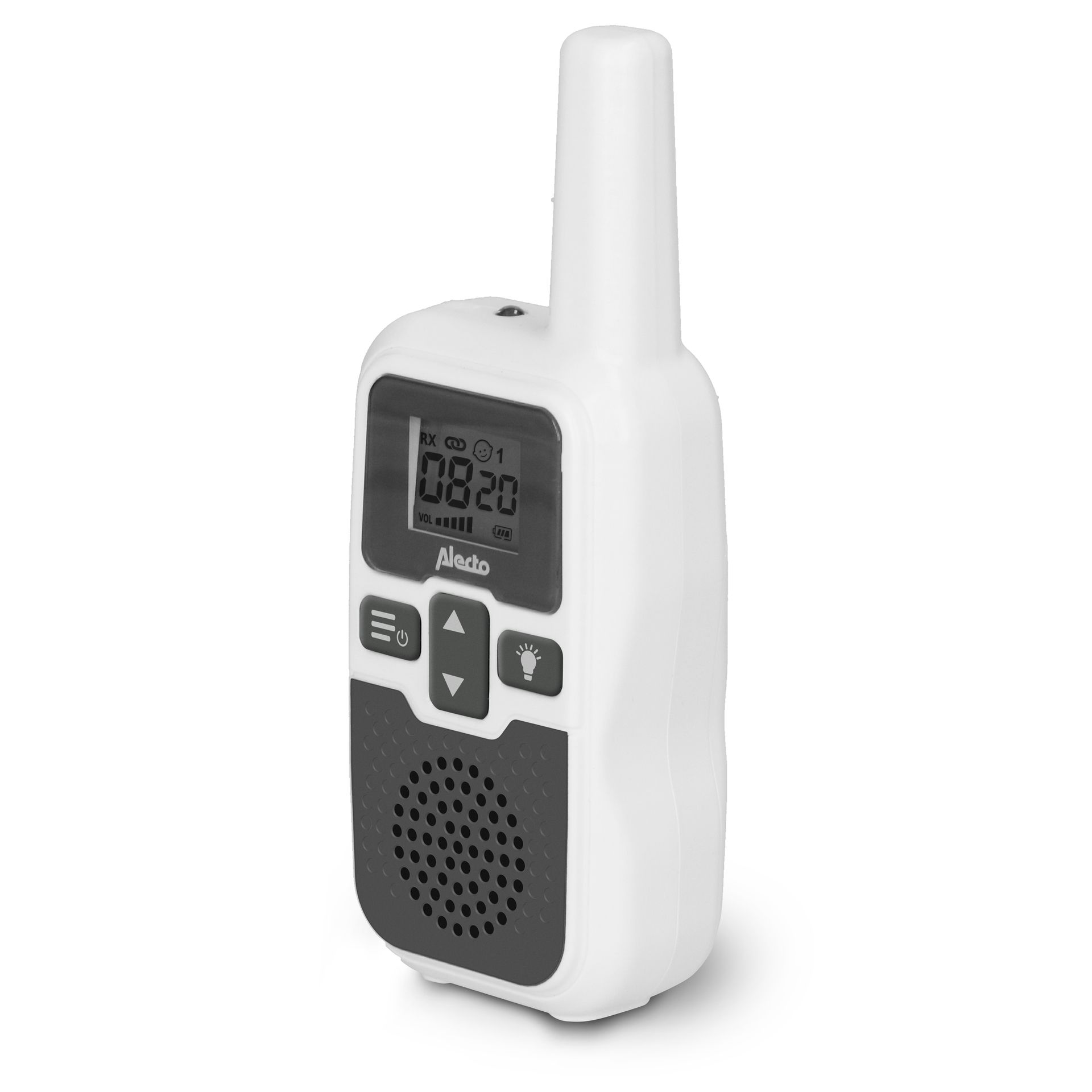 Babyphone, weiße Babyeinheit mit Display und Tasten. Marke: Alecto.
