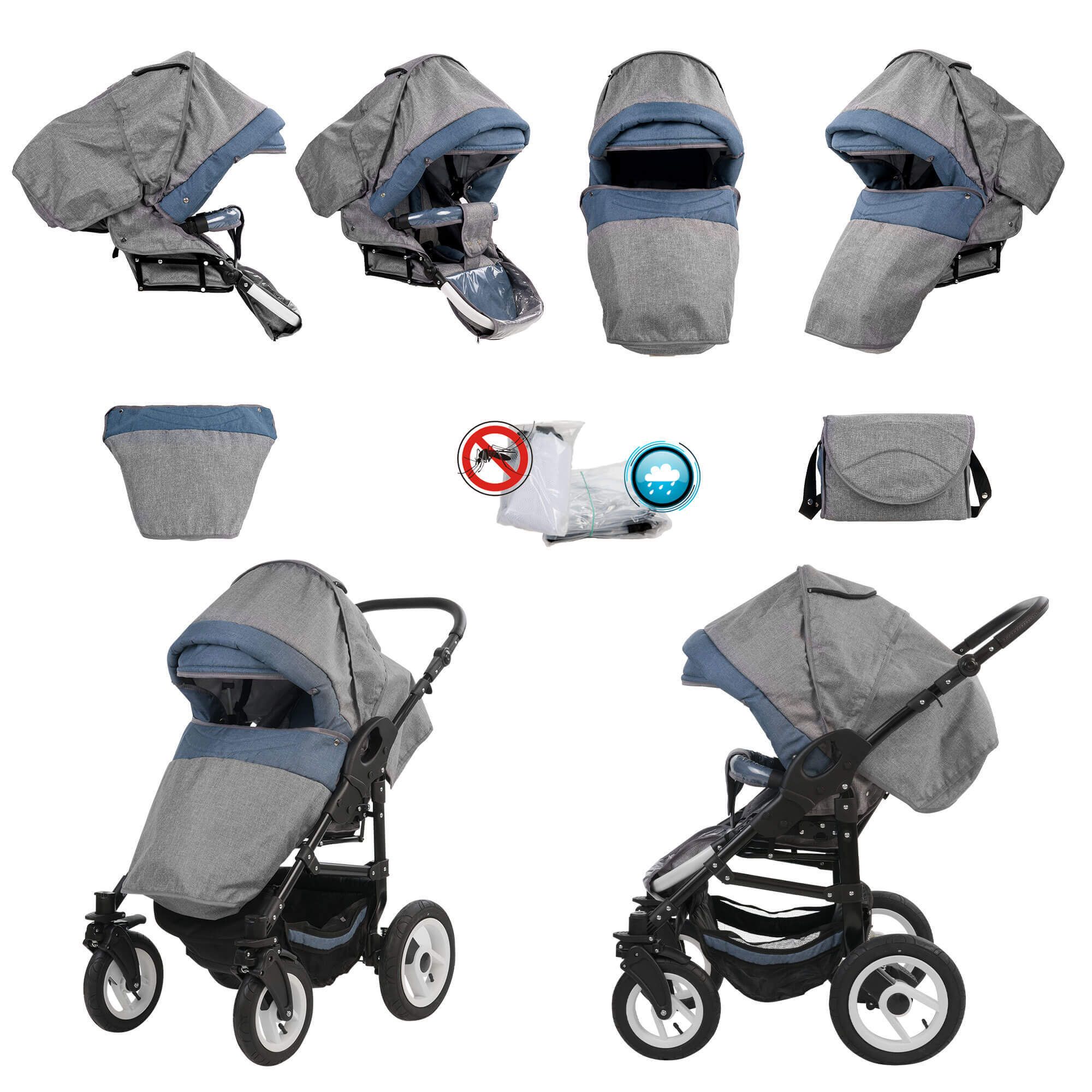 Bebebi Florenz 3 in 1 Kinderwagen Set Luftreifen, Da Vinci Blue Black