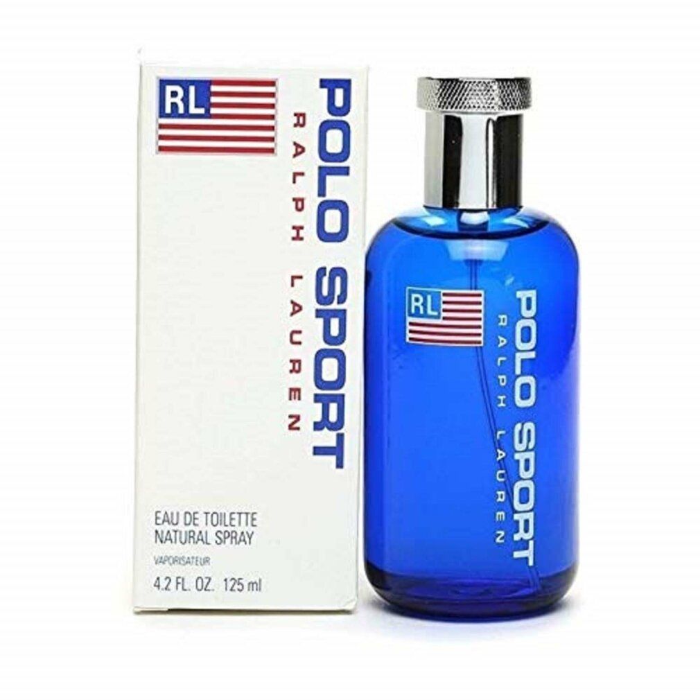 Blaues Parfümflakon und weiße Verpackung. Aufschrift Polo Sport Ralph Lauren. Logo mit US-Flagge. Eau de Toilette.