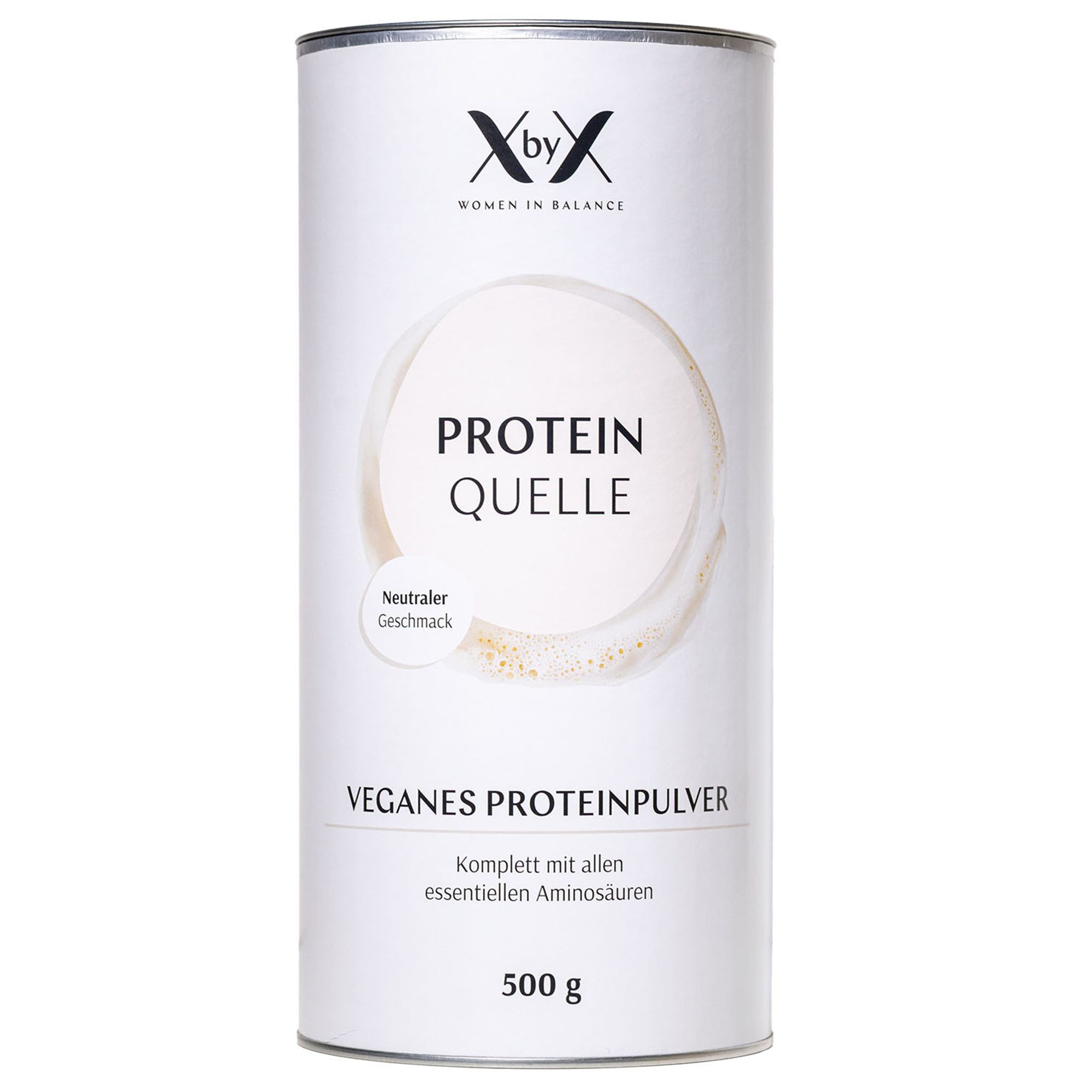Zylinderdose mit XbyX-Logo und Aufschrift Protein Quelle. Vegan, 500g. Neutraler Geschmack.