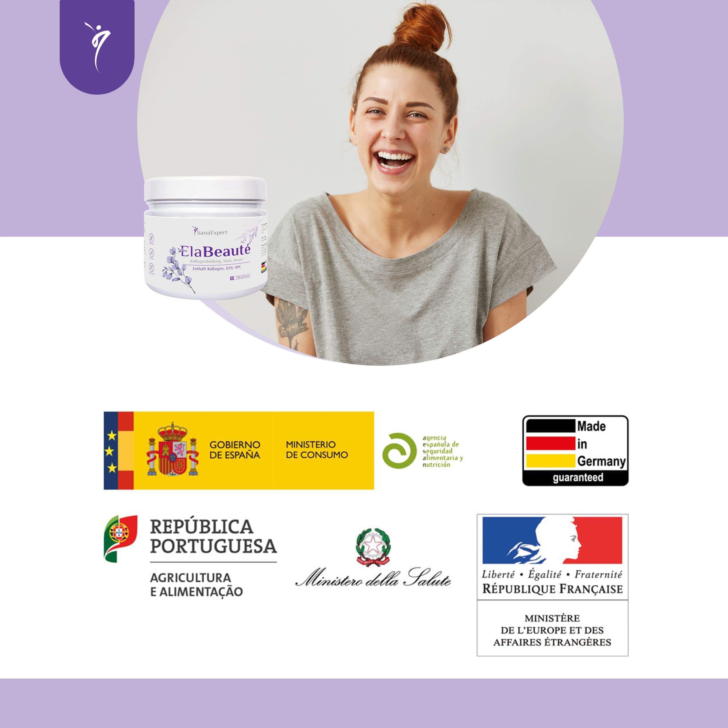 Frau lacht, SanaExpert ElaBeauté-Pulver und Qualitätssiegel. Text: Made in Germany.