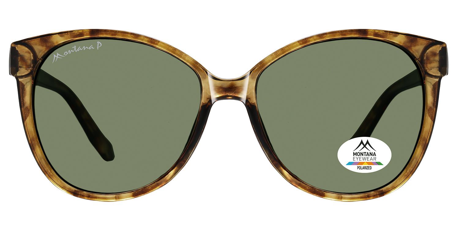 Sonnenbrille mit braunem Rahmen und grünen Gläsern. Auf einem Glas ist ein Aufkleber mit dem Logo von Montana Eyewear und der Aufschrift 'Polarized' zu sehen.