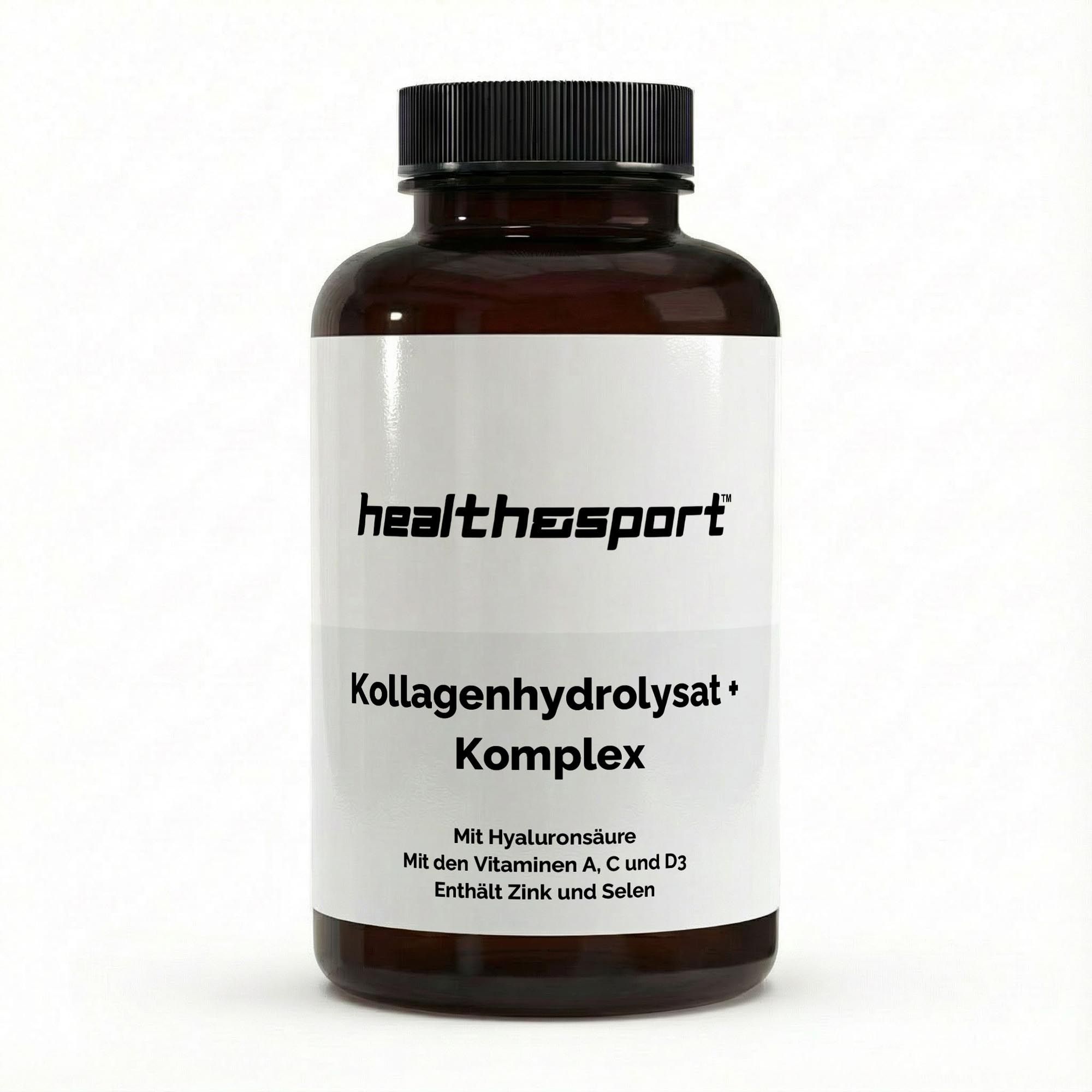 Braune Flasche mit schwarzem Deckel. Weißes Etikett mit 'health+sport' Logo und Text: Kollagenhydrolysat+Komplex. Mit Hyaluronsäure, Vitaminen A, C, D3, Zink und Selen.