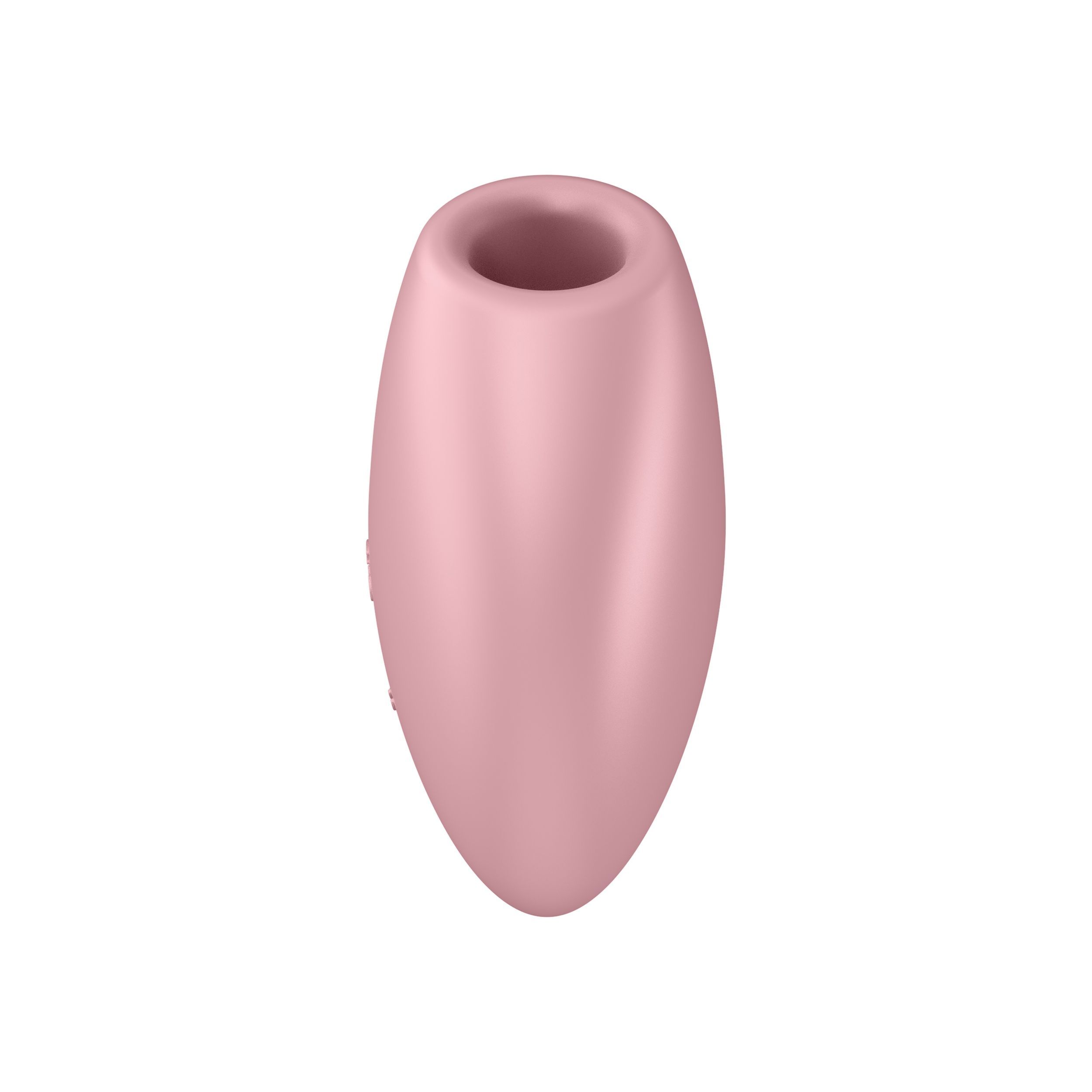 Dispositivo rosa a forma di goccia con apertura. Superficie liscia.