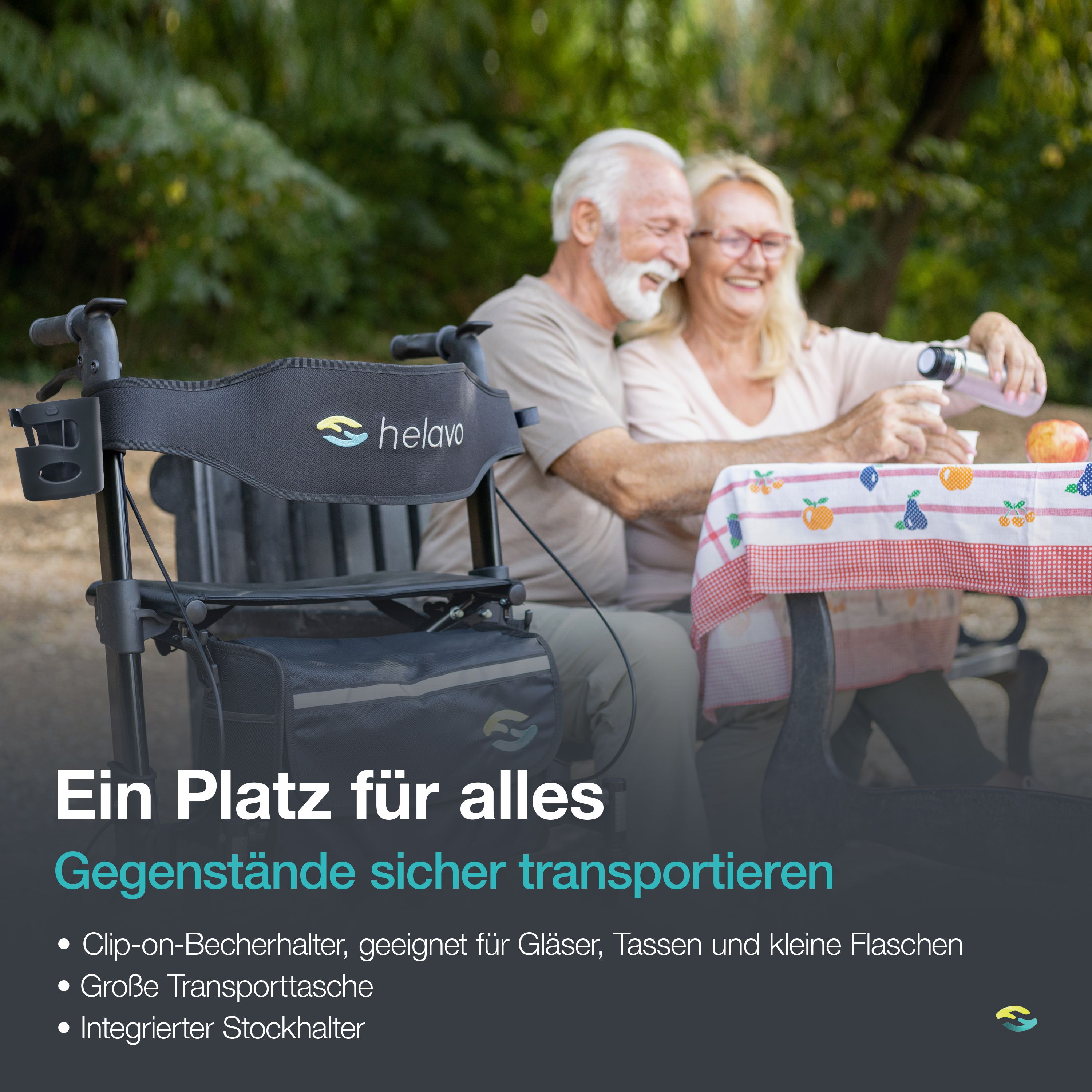 Helavo Outdoor Rollator mit Luftbereifung faltbar mit Sitz und Rueckenlehne