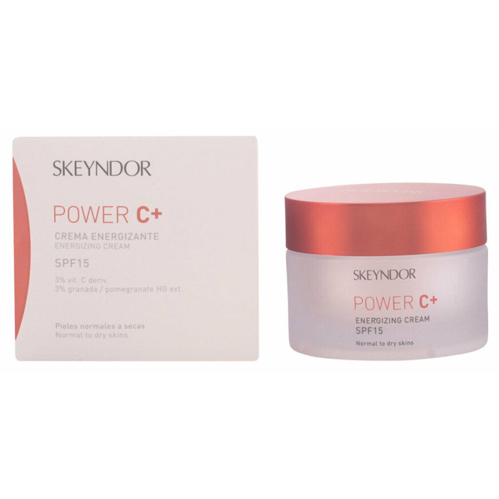 Creme-Tiegel und Schachtel. Aufschrift SKEYNDOR, POWER C+, Creme Energizante, SPF15. Für normale bis trockene Haut.