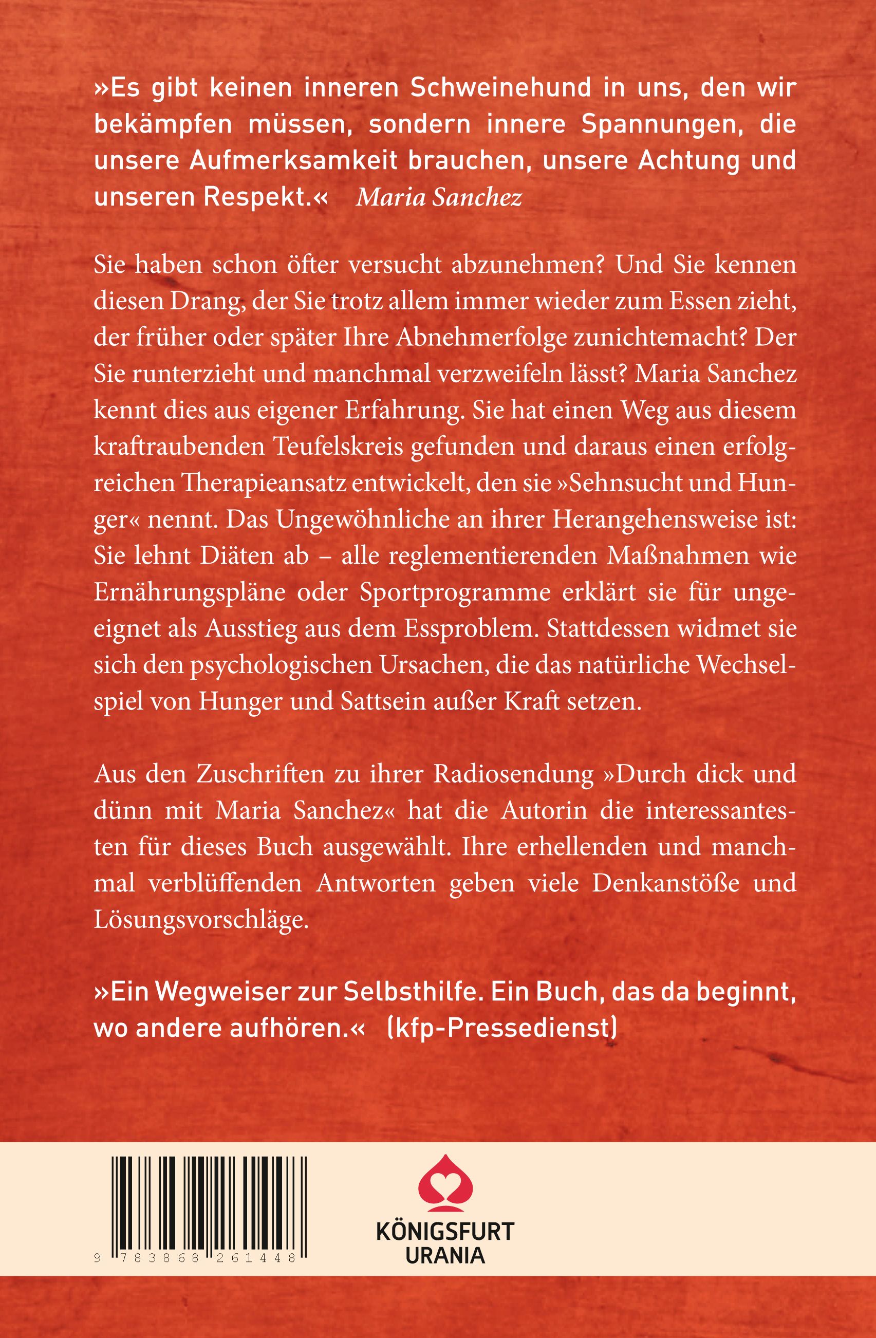 Rückseite des Buches "Warum wir ohne Hunger essen". Text in deutscher Sprache, Verlag Königsfurt-Urania.
