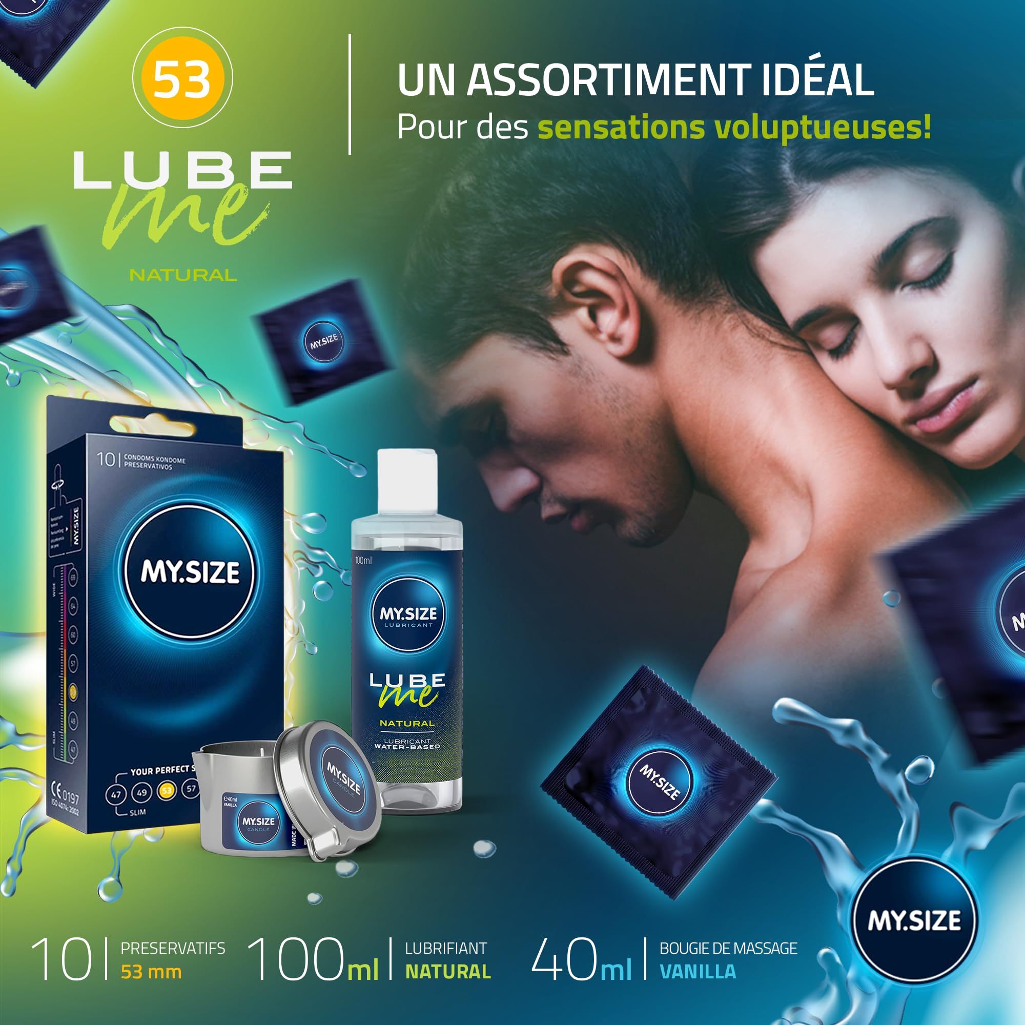Packung mit 101 Kondomen (53 mm) und Gleitmittel (100 ml, Natural) sowie Massagegel (40 ml, Vanilla).
