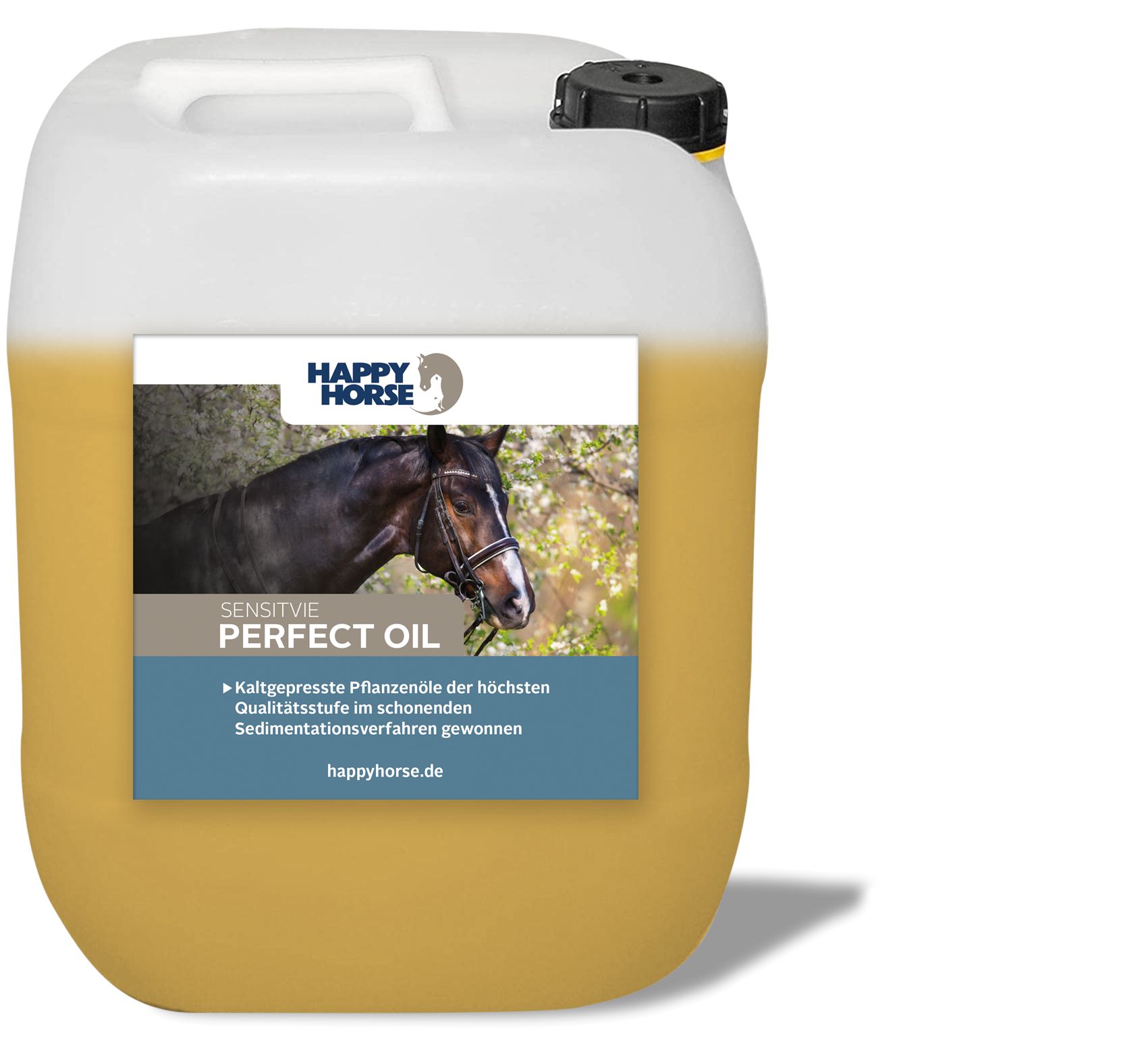 Kanister mit gelbem Öl. Aufkleber mit Logo und Produktbezeichnung: Perfect Oil. Marke: Happy Horse.