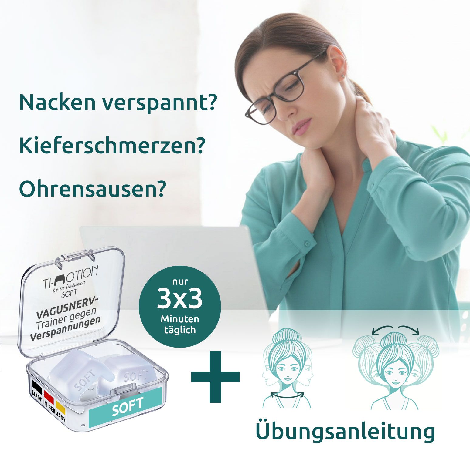 Werbung mit Frau, die sich am Nacken hält. Box mit zwei weißen Würfeln, Übungsanleitung und Text: "TJ-Motion be in balance SOFT".