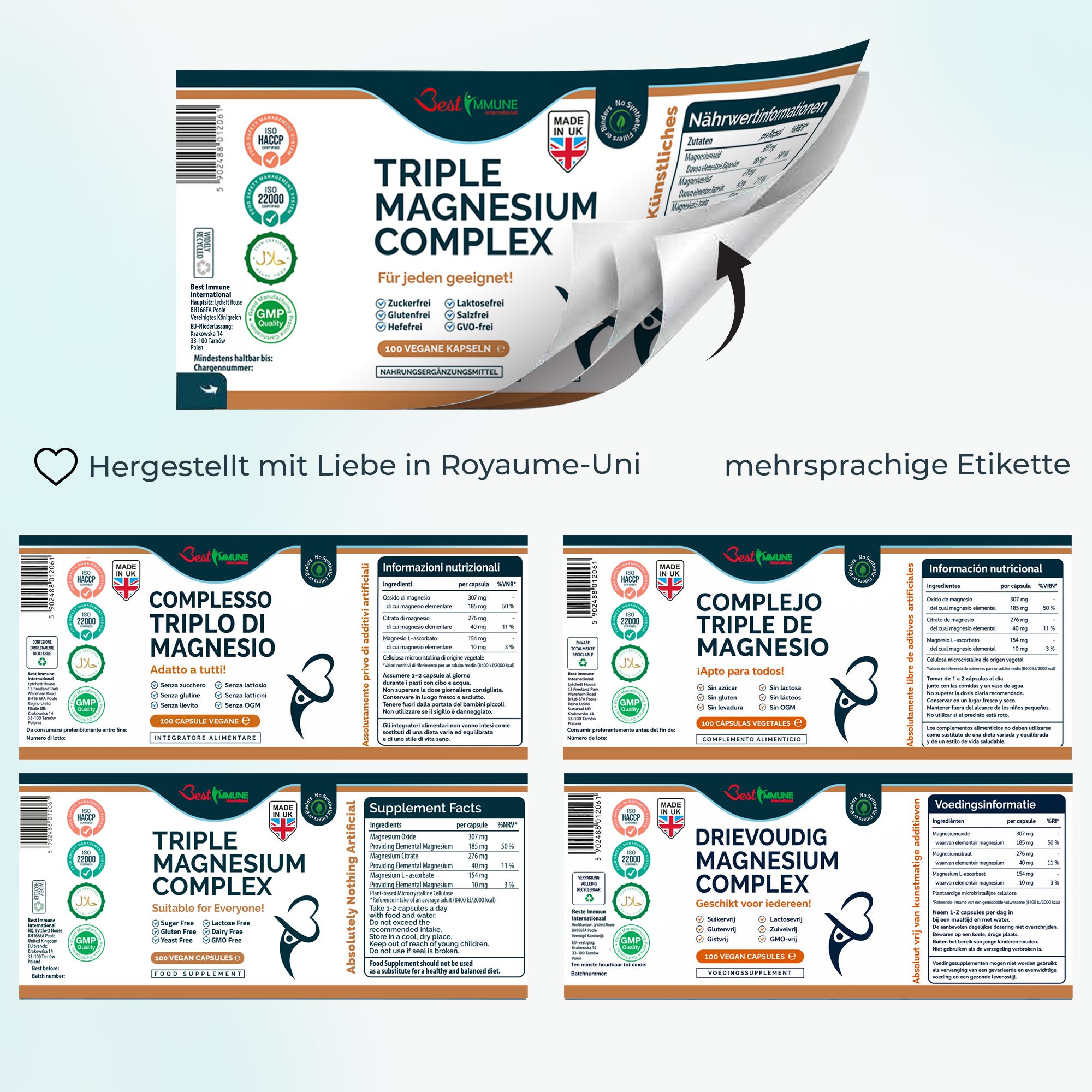 Etiketten von Triple Magnesium Complex in mehreren Sprachen. Hergestellt in Großbritannien. Mehrsprachige Etiketten.