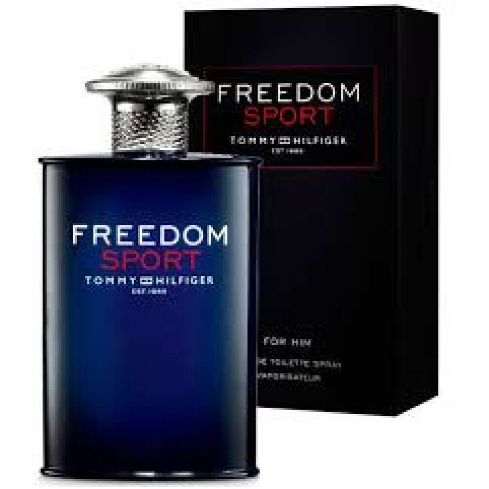 Blaue Flasche und schwarze Box. Aufschrift FREEDOM SPORT, TOMMY HILFIGER. Eau de Toilette Spray. Für Ihn.