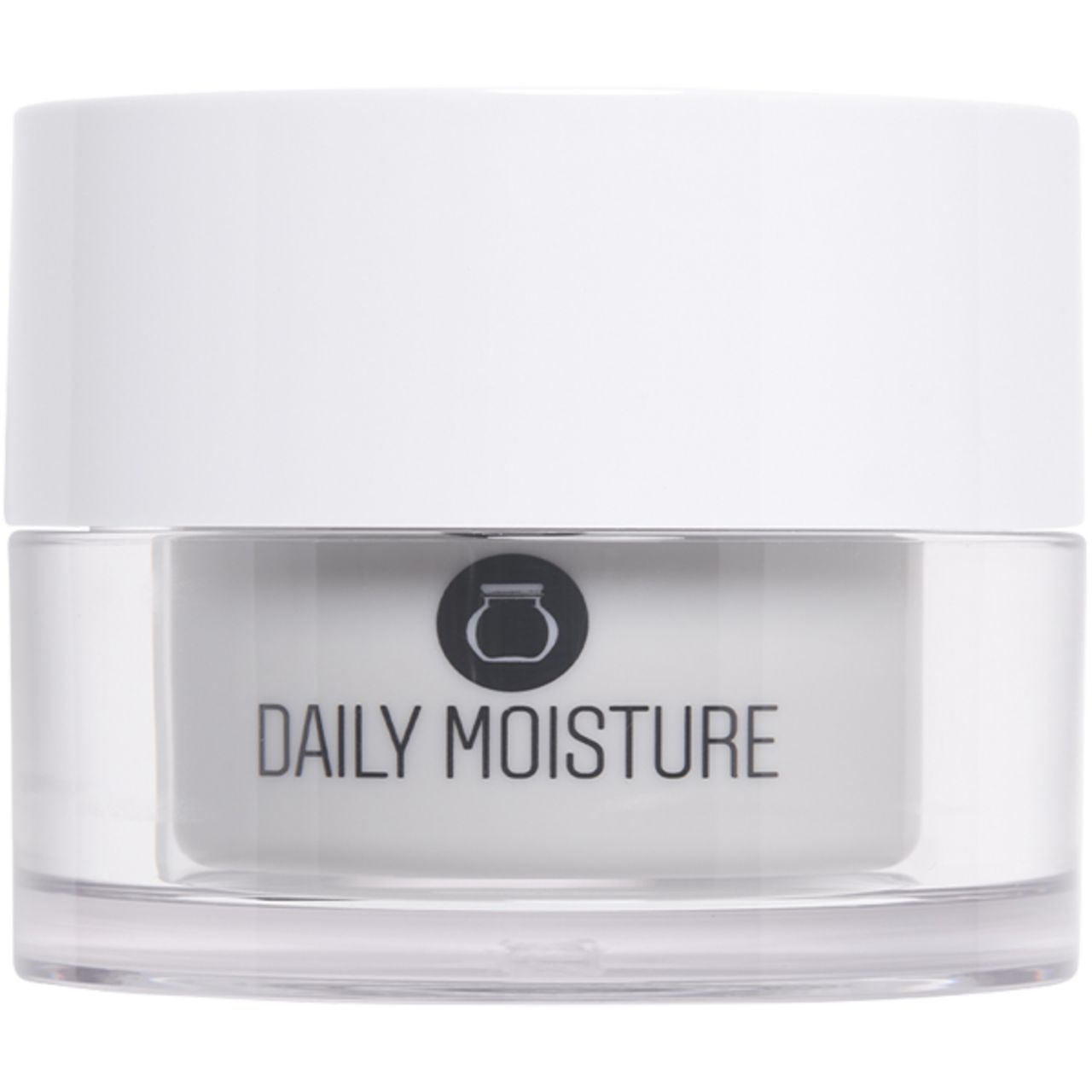 Creme-Tiegel mit weißem Deckel. Auf dem Tiegel steht "DAILY MOISTURE" und ein Logo.
