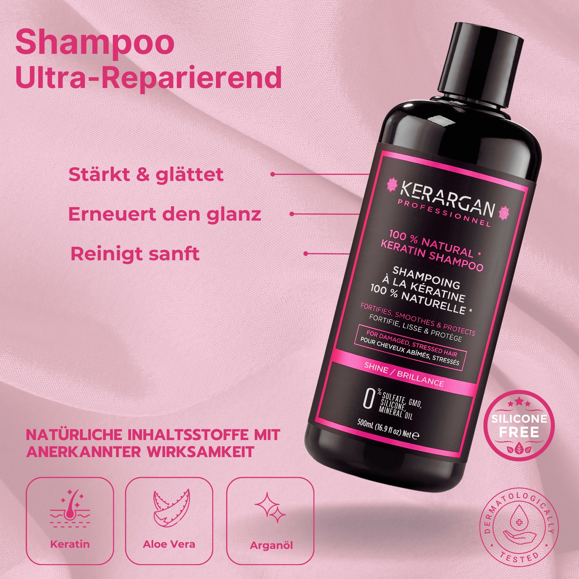 Flacone di shampoo nero. Kerargan Professional, 100% Natural Keratin Shampoo. 0% Sulfate, GMO, Mineral Oil. Testo in italiano.
