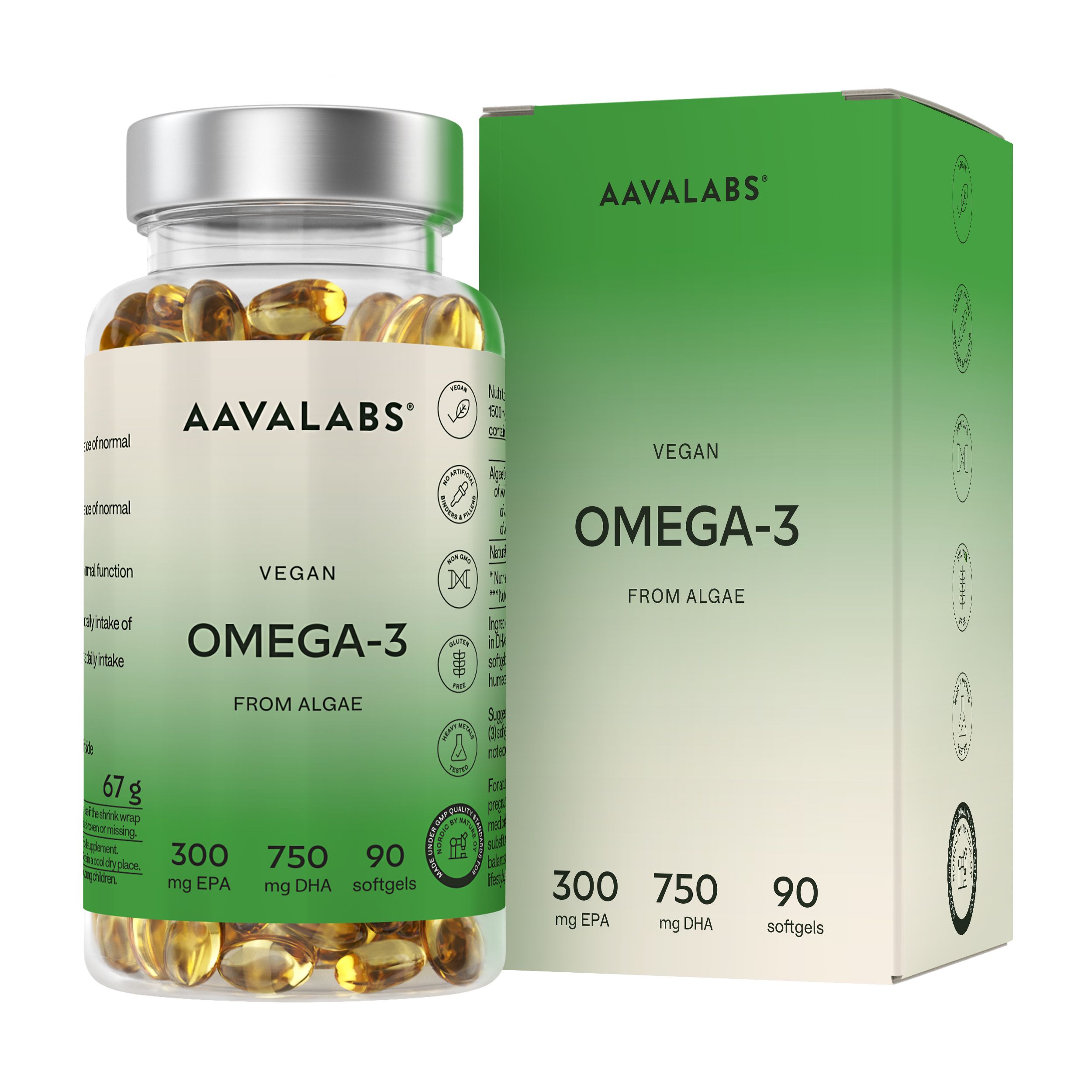 Flasche und Schachtel mit Kapseln. Aufschrift: Vegan Omega-3. 300 mg EPA, 750 mg DHA. Grüne und weiße Verpackung.