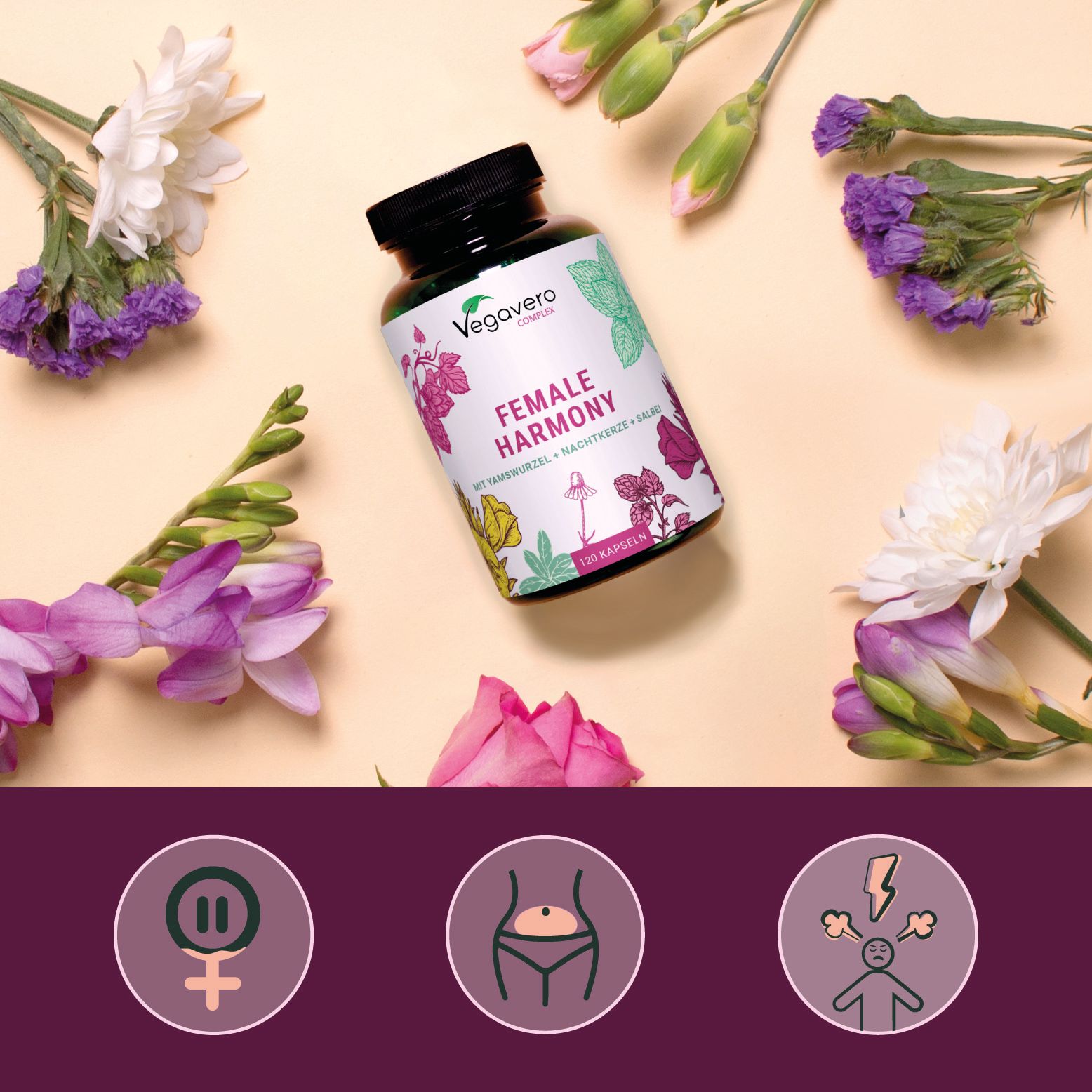 Flasche Female Harmony, umgeben von Blumen. Icons: Frauensymbol, Bauch, wütender Gesichtsausdruck.