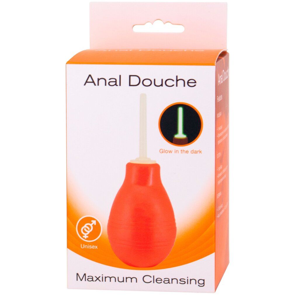 Verpackung für Anal Douche. Roter Ballon mit weißer Spitze. Text: Anal Douche, Maximum Cleansing, Unisex.
