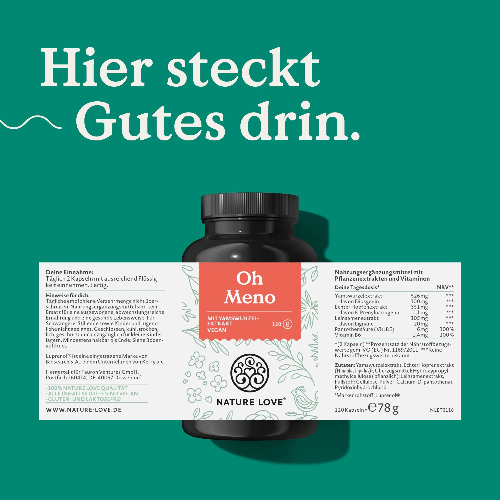NATURE LOVE® Oh Meno Kapseln, dunkle Flasche. Etikett mit Text und Nährwertangaben. 120 Kapseln.