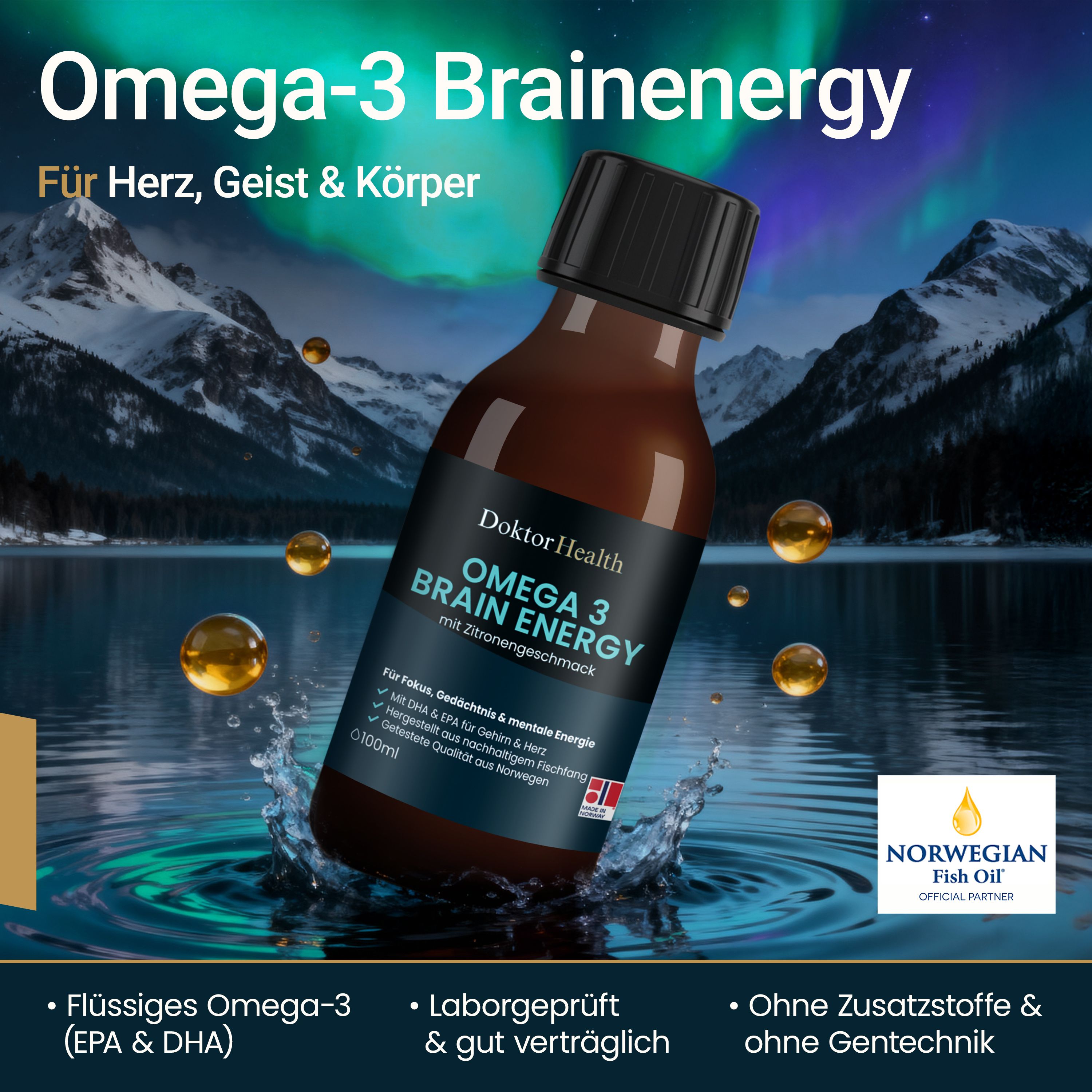 Braune Flasche Doktor Health Omega 3 Brainenergy. Produkt spritzt ins Wasser. Text: Omega-3 Brainenergy, Für Herz, Geist & Körper.
