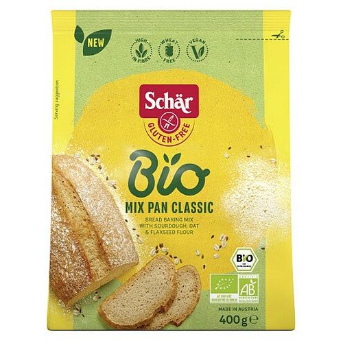 Verpackung von Schär Bio Mix Pan Classic. Glutenfrei, vegan, mit Bio-Siegel. Zeigt Brot und Scheiben.