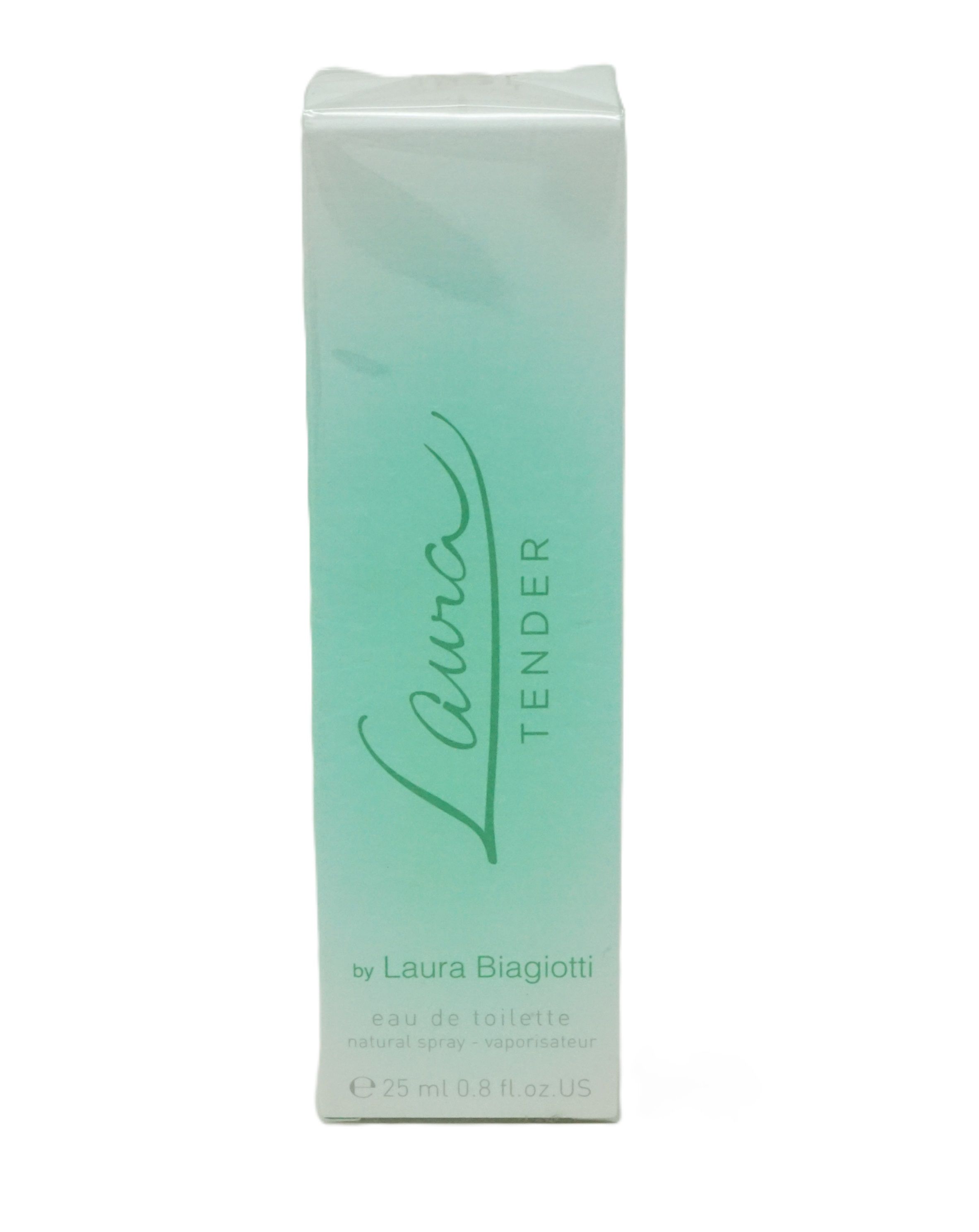 Laura Biagiotti Tender Eau de Toilette. Rechteckige Verpackung, Farbverlauf von Weiß zu Grün. Schriftzug Laura Tender.