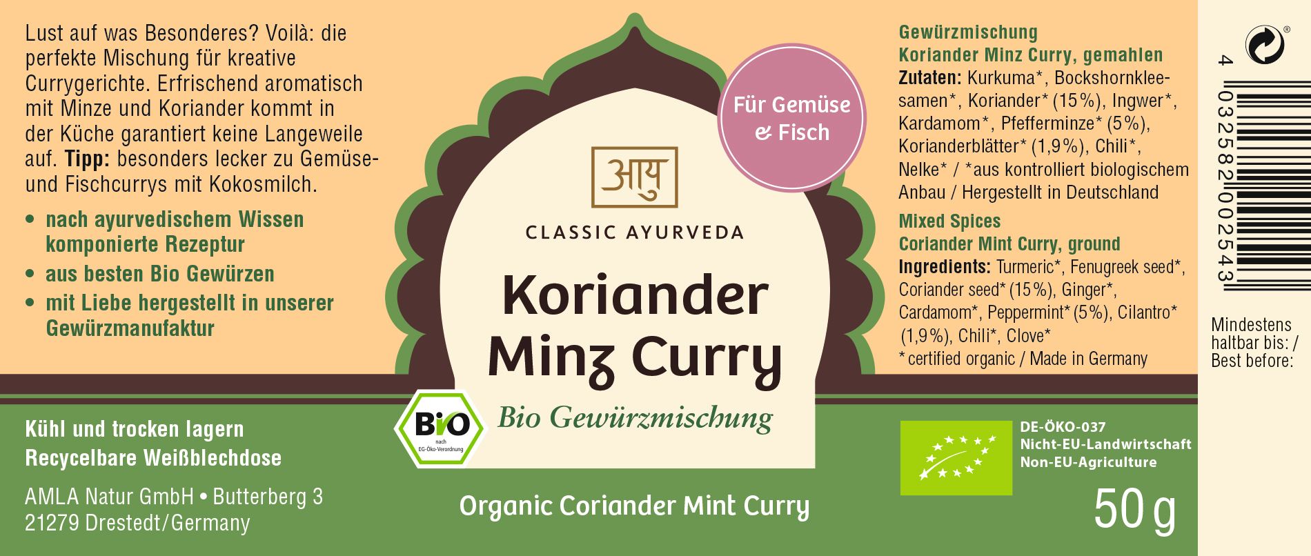 Etikett mit Produktinformationen. Text: Koriander Minz Curry, Bio Gewürzmischung. Logo: Classic Ayurveda. Bio-Siegel.