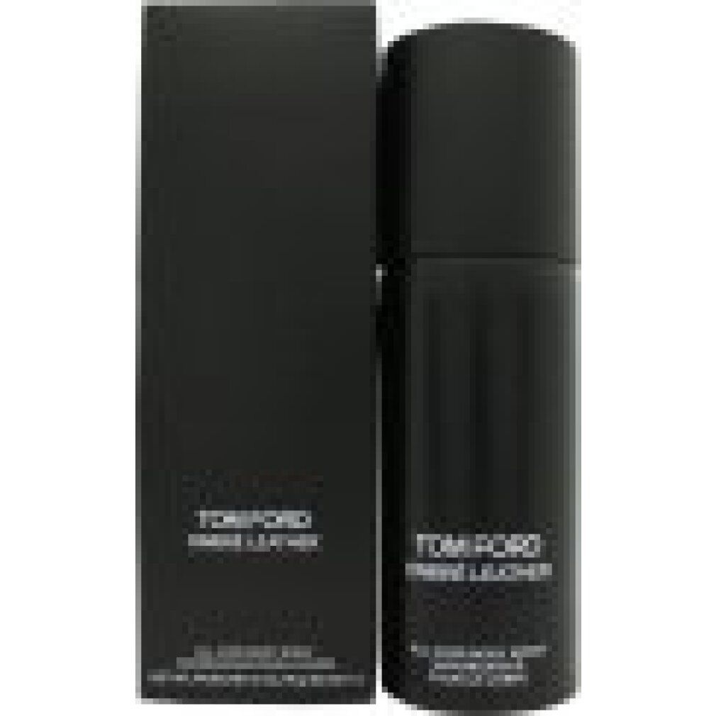 Schwarze Sprühflasche und Verpackung mit Text: TOM FORD OMBRÉ LEATHER. Aufschrift: ALL OVER BODY SPRAY. VAPORISATEUR POUR LE CORPS.