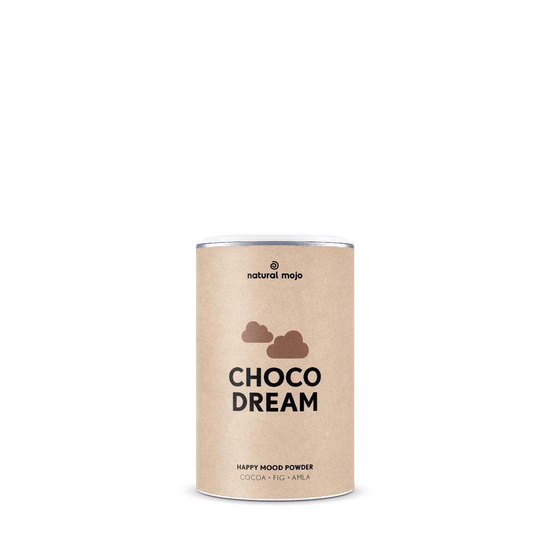Zylindrische Dose mit "natural mojo"-Logo und "CHOCO DREAM"-Schriftzug. Braune Wolken-Illustration. Text: Happy Mood Powder, Cocoa, Fig, Amla.