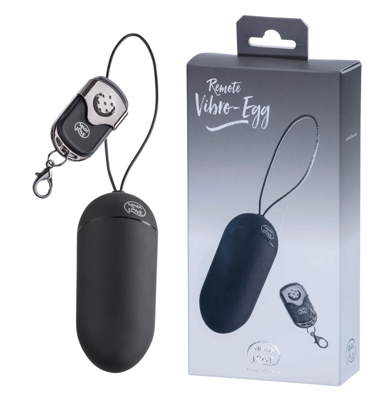 Schwarzes, ovales Wellness-Produkt mit Fernbedienung und Verpackung. Aufschrift: Remote Vibro-Egg.